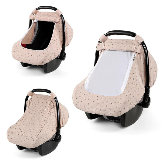 Car Seat Cover Baby, HNHUAMING Muslin Cotton Carseat Covers for Babies Girls Boys Summer Infant Car Seat Covers Canopy, Cozy Newborn Carseat Covers Stroller Cover with Breathable Mesh Window, Brown