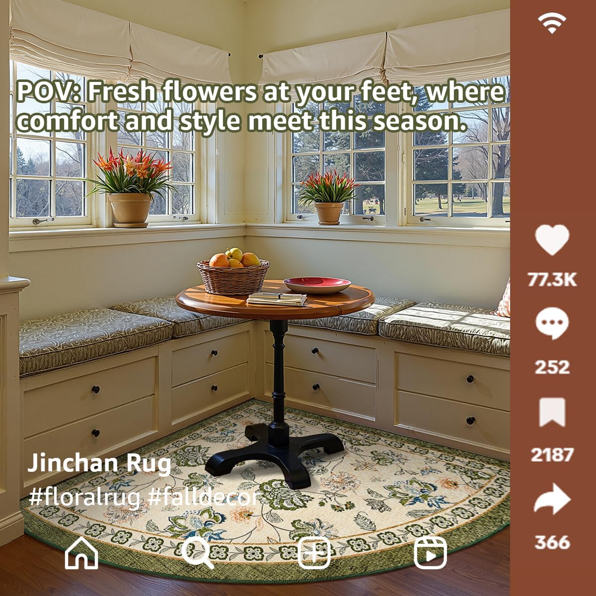 jinchan Floral Corner Rug for Living Room Washable Bedroom Rug Vintage Romance Design Non Slip Quarter Circle Lightweight Low-Pile Throw Carpet for Reading Nook Playroom,7ft Radius, Green/Beige