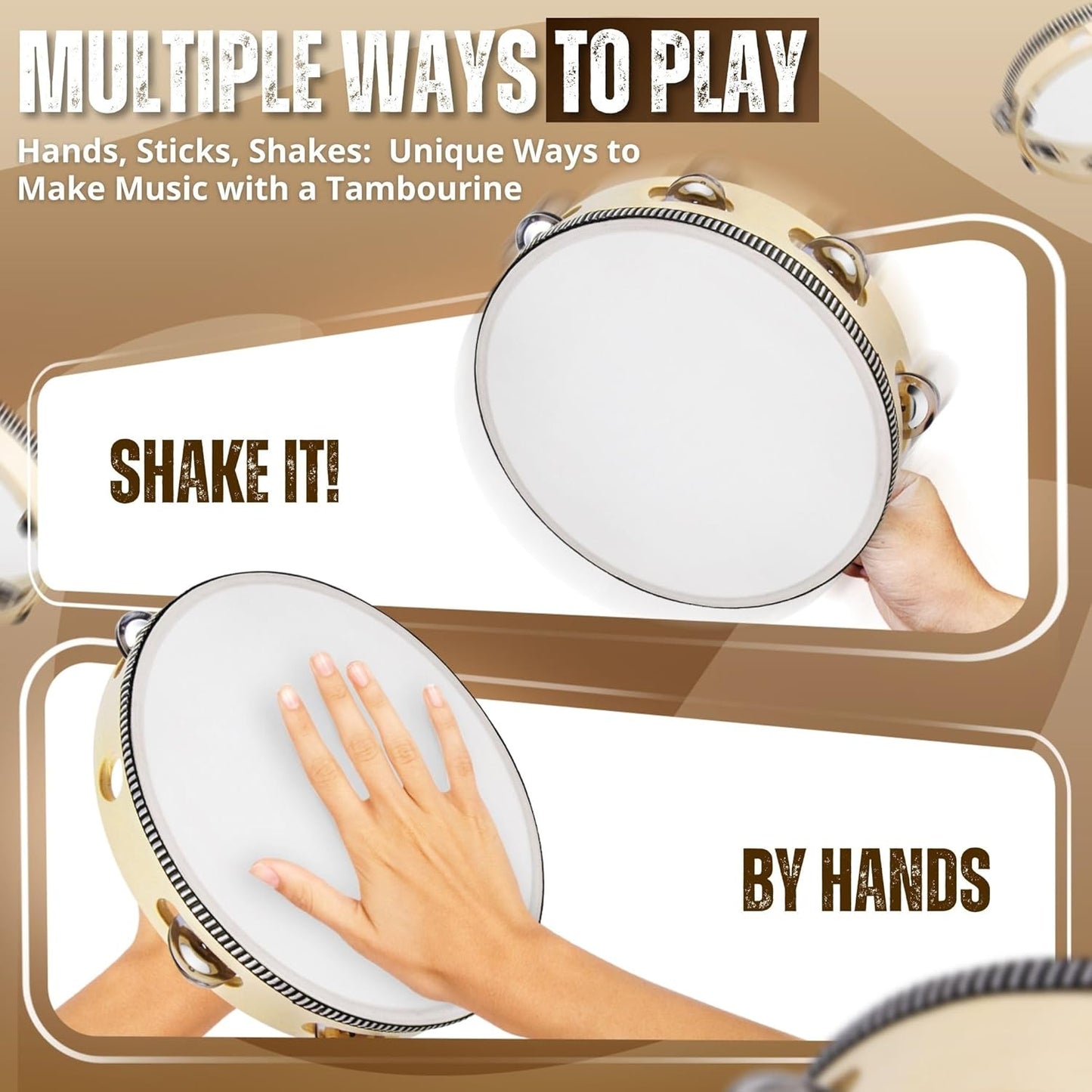Flexzion Wooden Round Tambourine for Kids and Adults 8" Inch Single Row 8 Pair Jingles, Wood Handheld Percussion Instrument for Beginner and Professional Tambourine Player