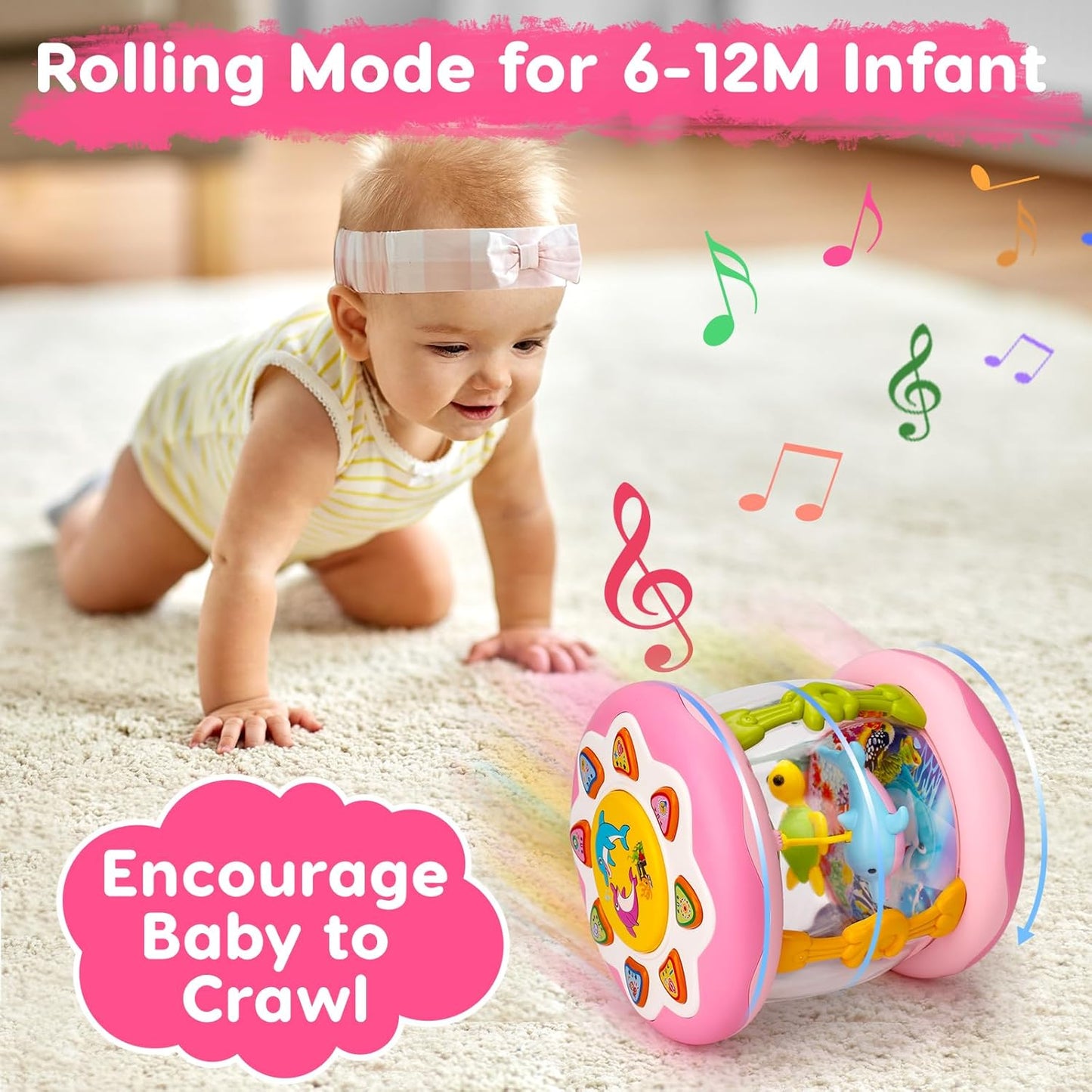 Baby Musical Light Up Toys 0-6 Months Tummy Time Ocean Projector Rotating Infant 0-3 4 5 6 7 8 9 Months Baby Aquarium Crawling Pink Toys Babies 6-12 Month Girls 1 2 Year Old Birthday Newborn Gifts