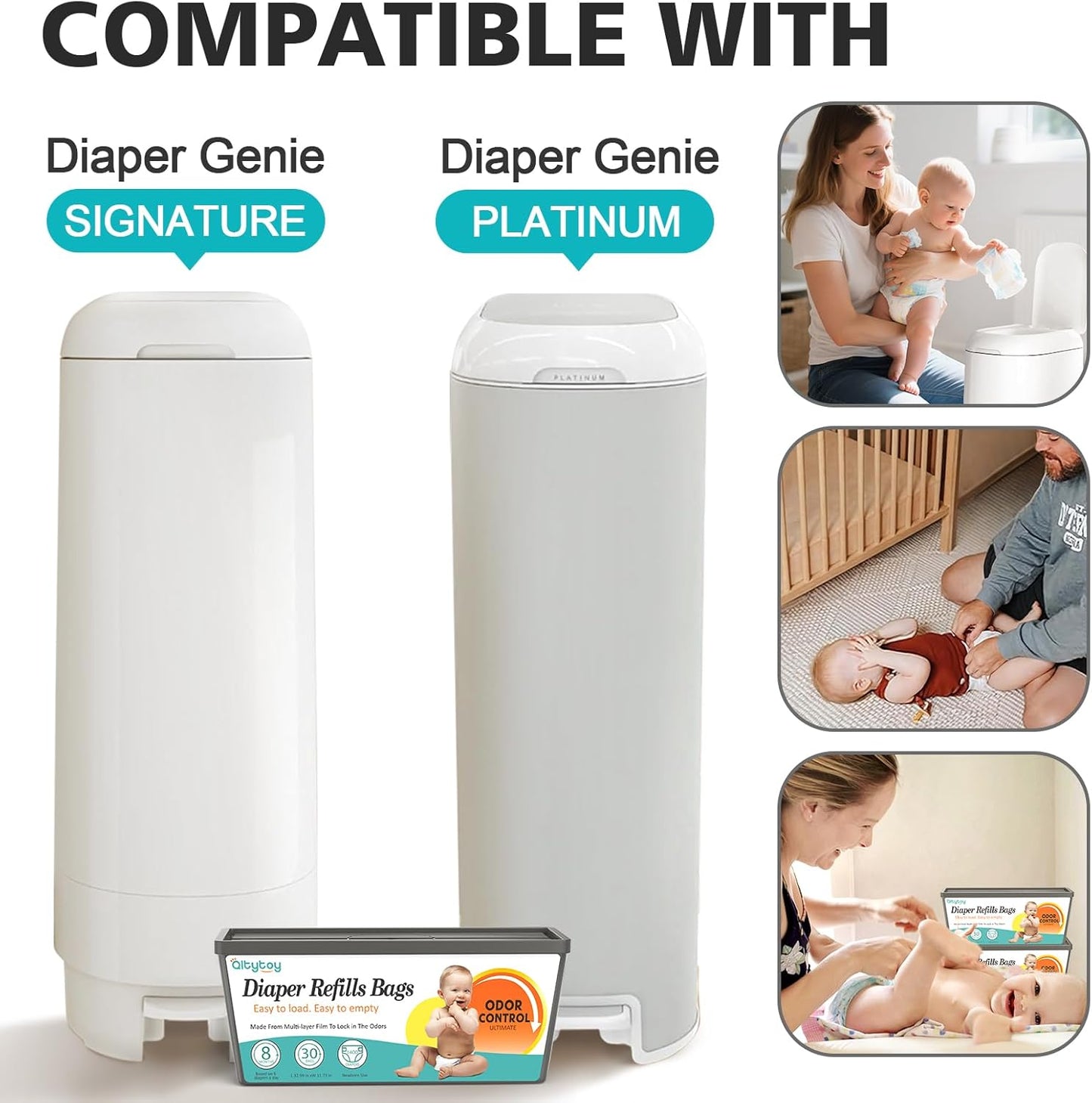 Refills Compatible with Diaper Genie Easy Roll Signature & Platinum Diaper Pail,1-Pack (30 Bags) for 1400 Newborn Diapers,7-Layer Powerful Odor Control.Extra Thickness,Durable & No Tear