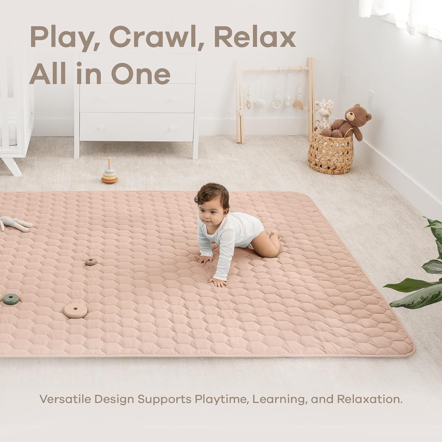 Comfy Cubs Rectangle Kids Play Mat - Large 60 x 96 inches Soft Quilted Baby Floor Mat with Non-Slip Bottom - Plush Design for Toddlers' Playtime and Relaxation - Comfortable and Durable - Blush