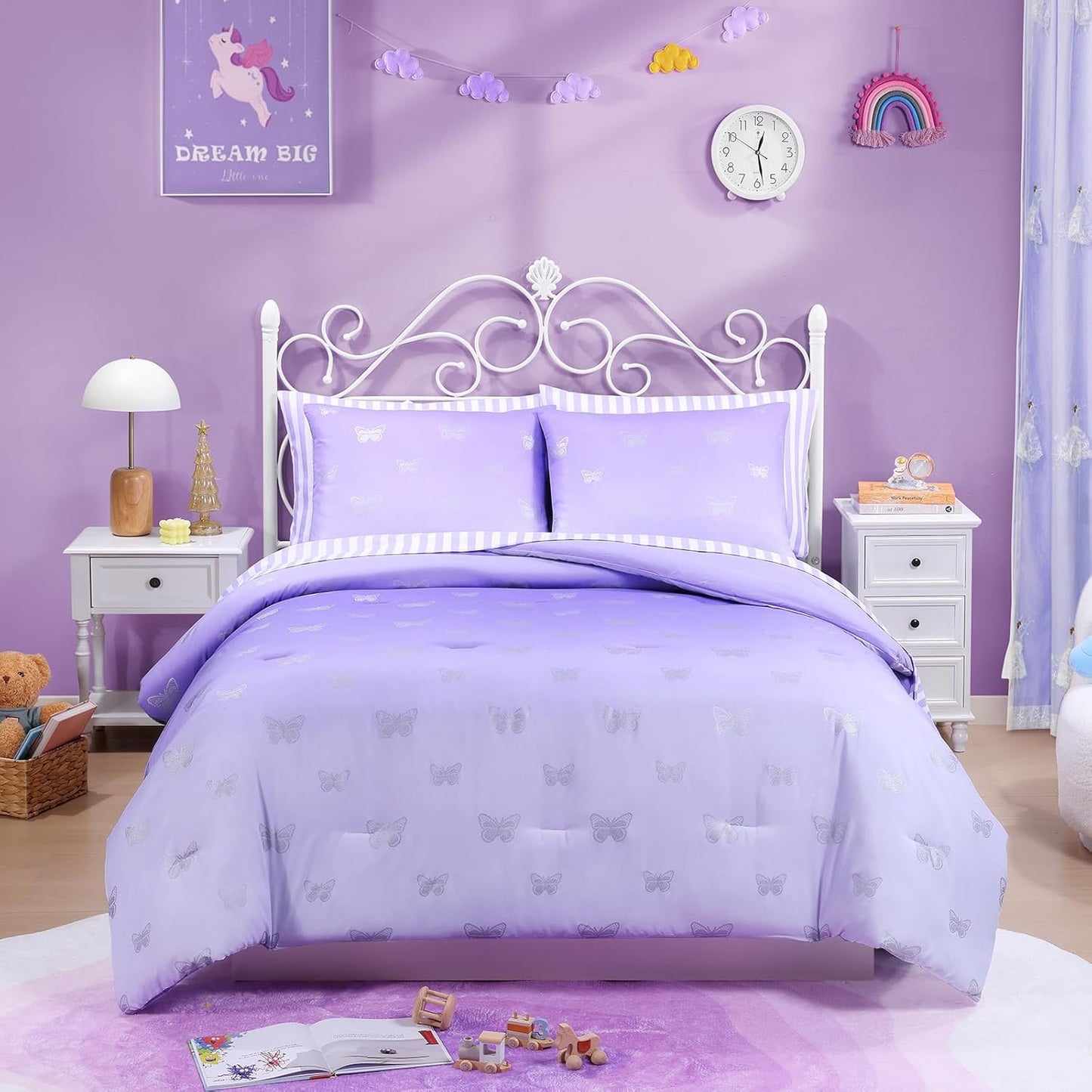 Queen Comforter Set with Sheets for Girls-7 Pieces Queen Bedding Sets with Purple Comforter, Sheets, Pillowcases & Shams for Kids (Purple Butterfly, 90" X 90")