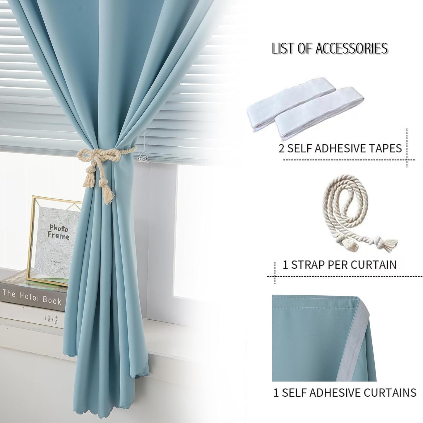 Self Adhesive Curtains, Black Out Shade for Window, Blackout Fabric Temporary Window Coverings Easy to Hang Curtains No Rod Needed, Use for Bedroom, Room, Kitchen, 47" W X 79" L, Lake Blue, 1 Panel