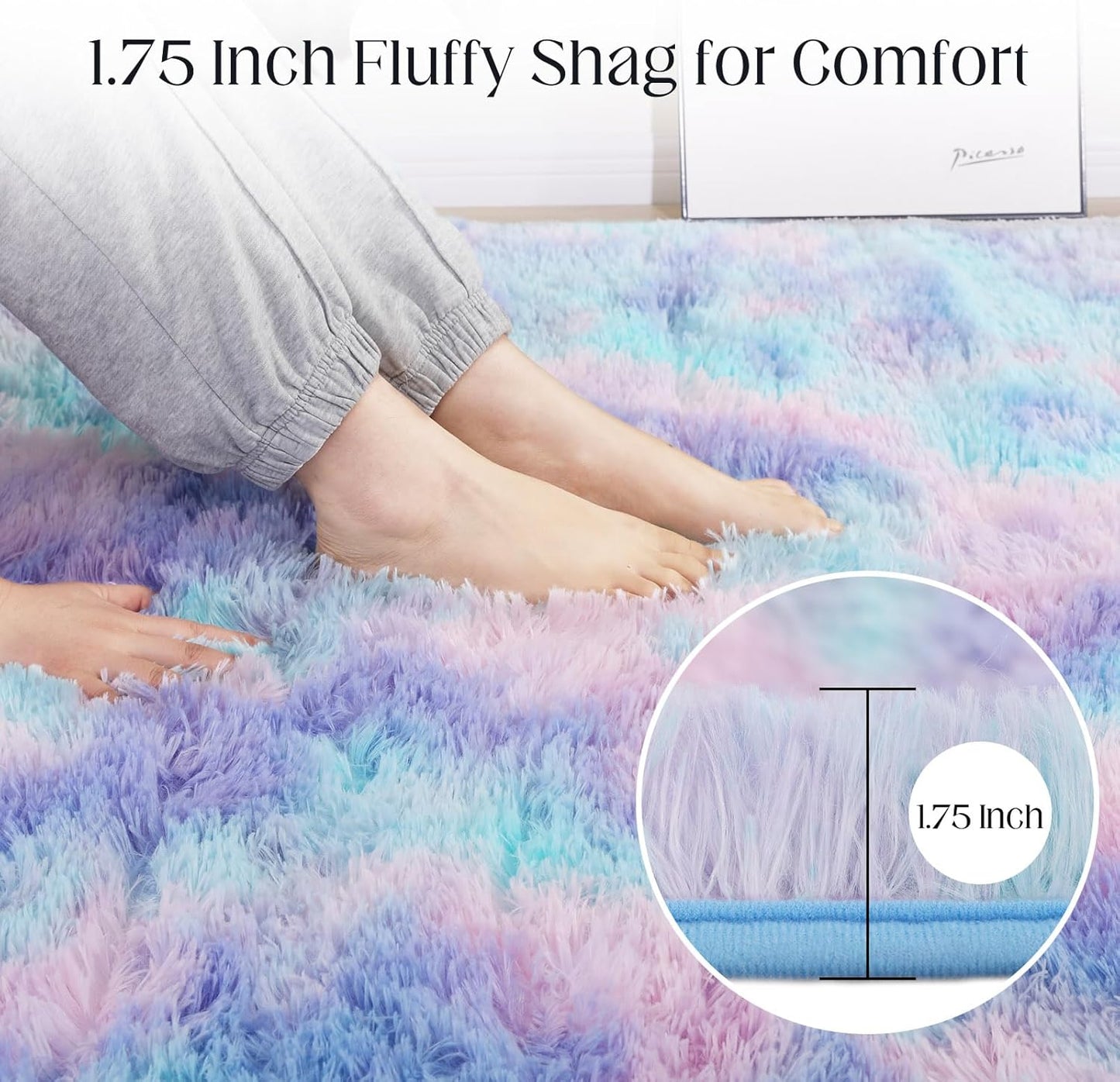 Rainbow Rug for Girls Room, 8x10 Fluffy Area Rugs for Bedroom, Colorful Kids Rug Cute Anti-Skid Indoor Carpet for Nursery, Living Room, Playroom, Home Decor