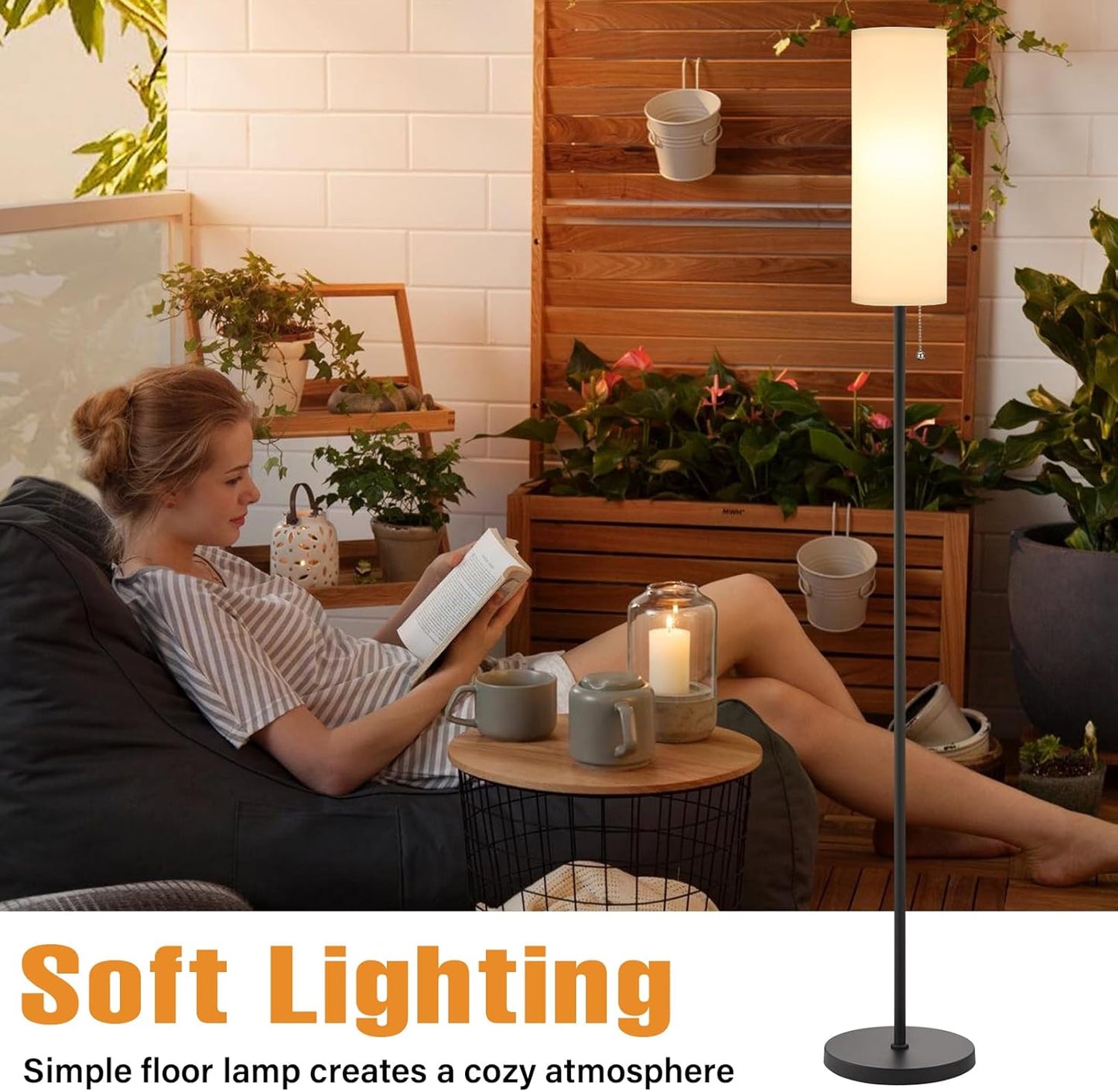 Ambimall Floor Lamp for Living Room with 3 Color Temperatures Bulb, 64" Standing lamp with Linen lampshade for Bedroom, Minimalist Pole Lamp, White Shade & Black Pole