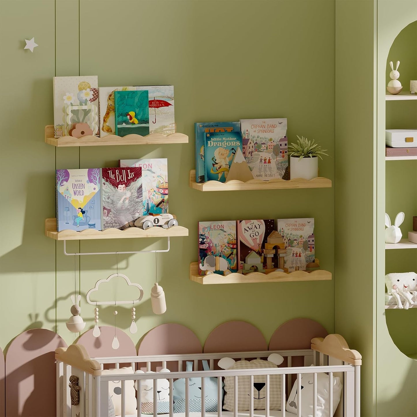 Fixwal Nursery Shelves, 16.5 Inch Floating Bookshelves for Wall Set of 4, Scalloped Wall Book Shelves with Towel Rack for Kids, Toddler Room, Baby Room, Nursery Decor and Storage(Natural Wood)