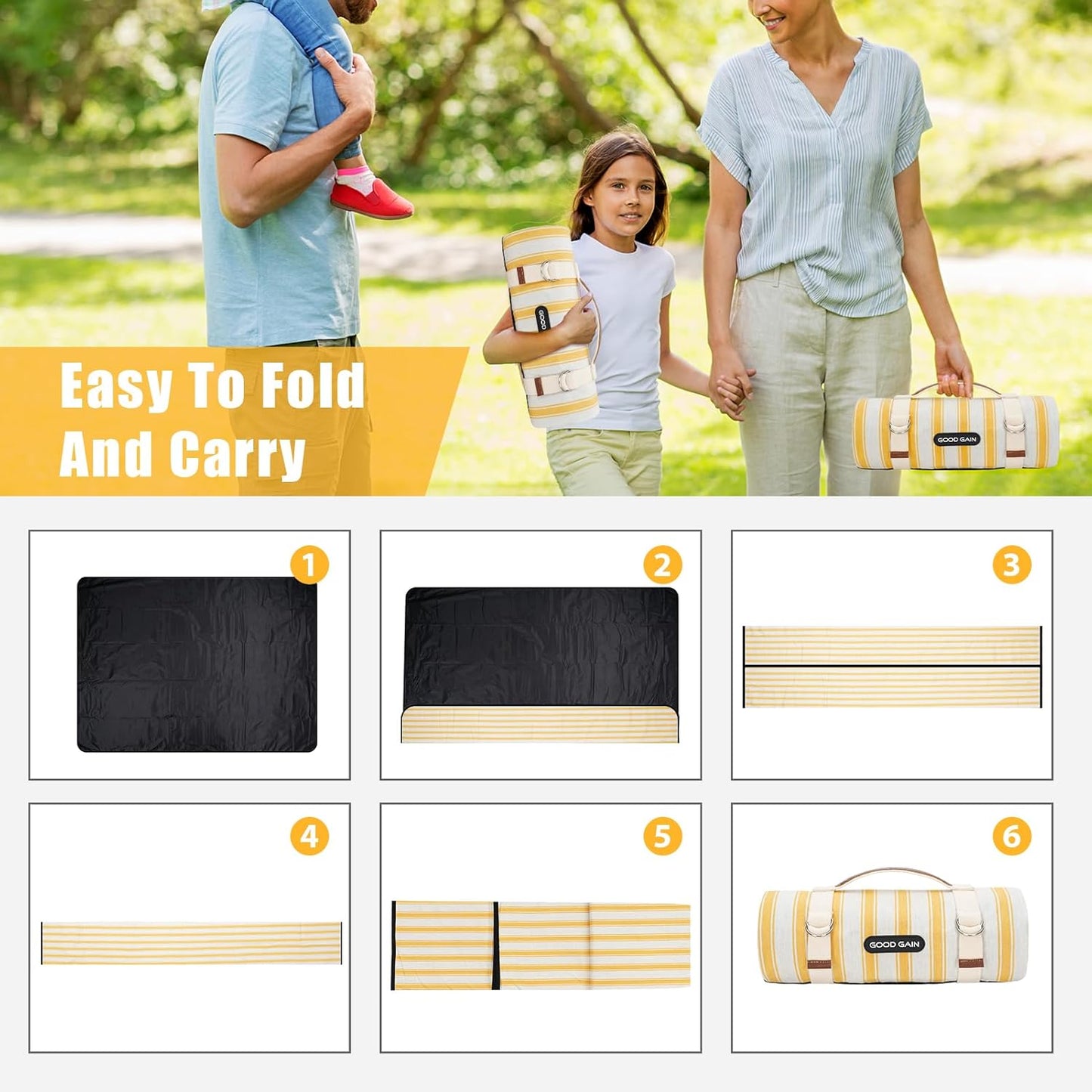 G GOOD GAIN Picnic Blankets Waterproof - Extra Large Outdoor Blanket Sand Free Foldable with Carry Strap for Beach, Camping, Park Grass, Hiking, Travel, Concerts, Indoor(Bumblebee)