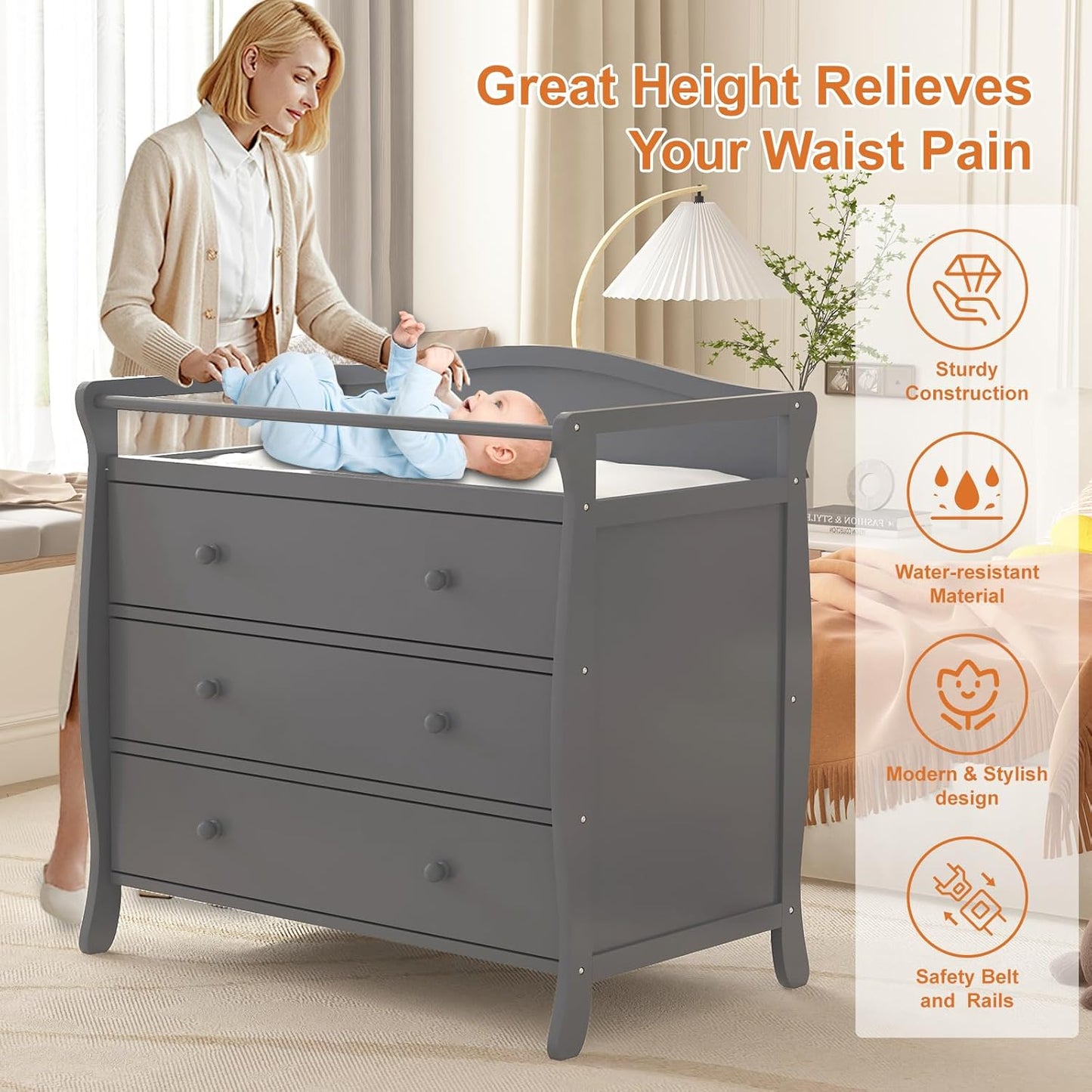 Garvee Wooden Diaper Changing Table,Baby Diaper Changing Station Infant Nursing Table with 3 Drawers, Safety Rail & Strap,Modern Baby Changing Table for Bedroom, Nursery