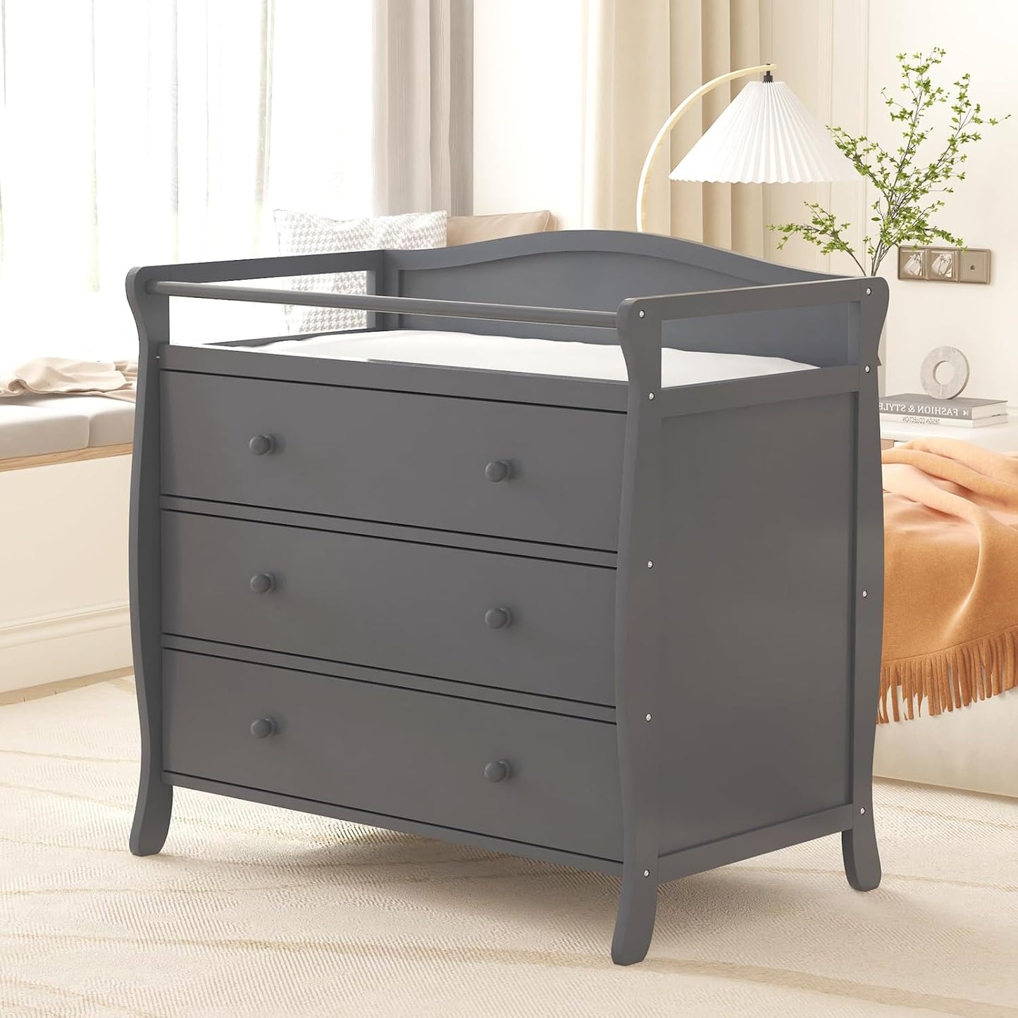 Garvee Wooden Diaper Changing Table,Baby Diaper Changing Station Infant Nursing Table with 3 Drawers, Safety Rail & Strap,Modern Baby Changing Table for Bedroom, Nursery