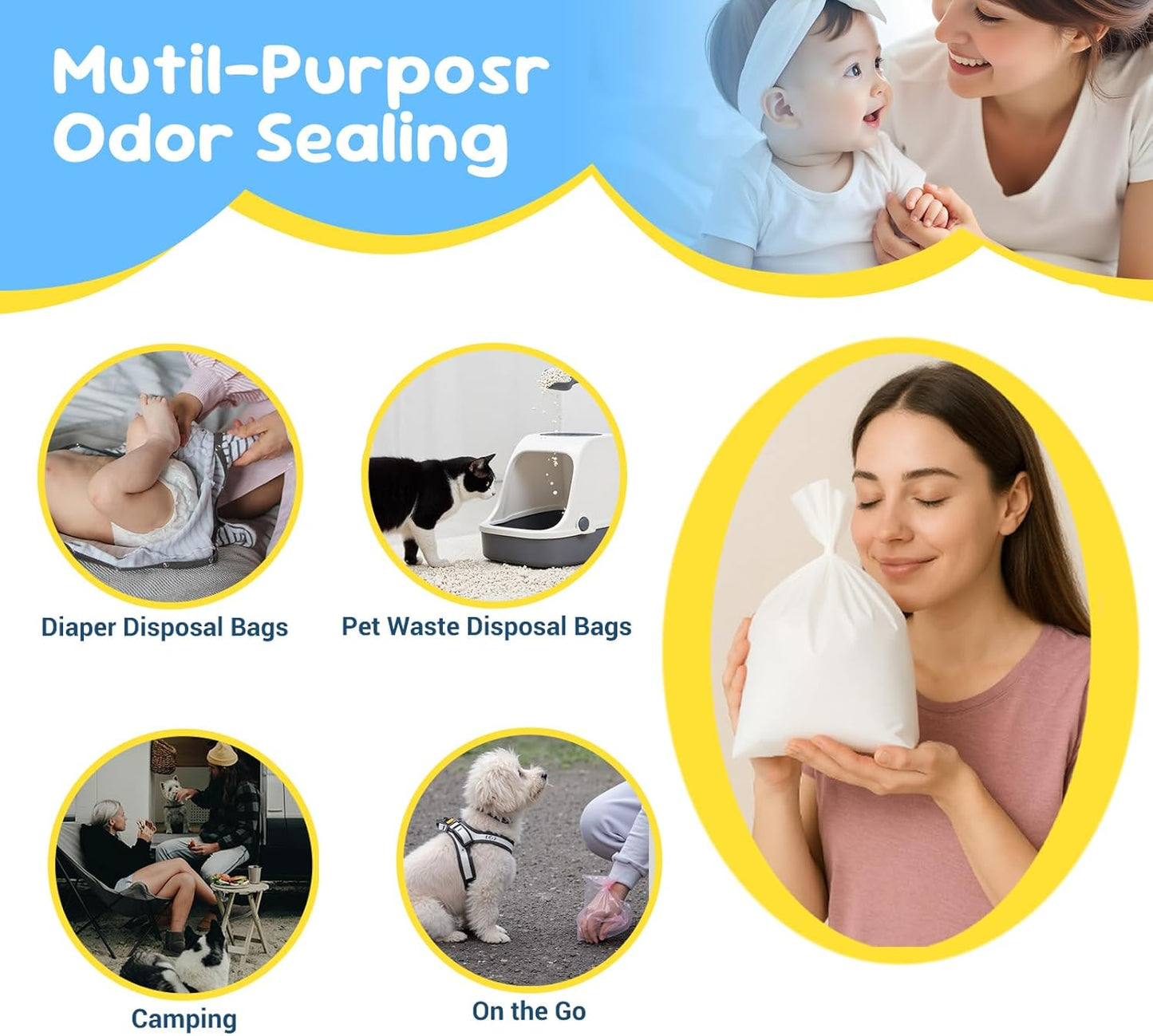 Odor Sealing Baby Diaper Disposal Bags - L/90 Counts Unscented, Large Capcity Diaper Trash Sacks for Home, Travel & On-the-Go Use (Color:White)