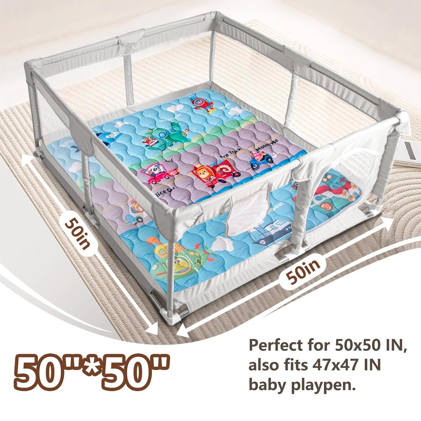 Baby Play Mat, 50x50 Playpen Mat with Super Soft Touch, Activity Mat with Upgraded Anti-Slip Bottom, Machine Washable Crawling Mat for Floor & Picnic (Vehicles)
