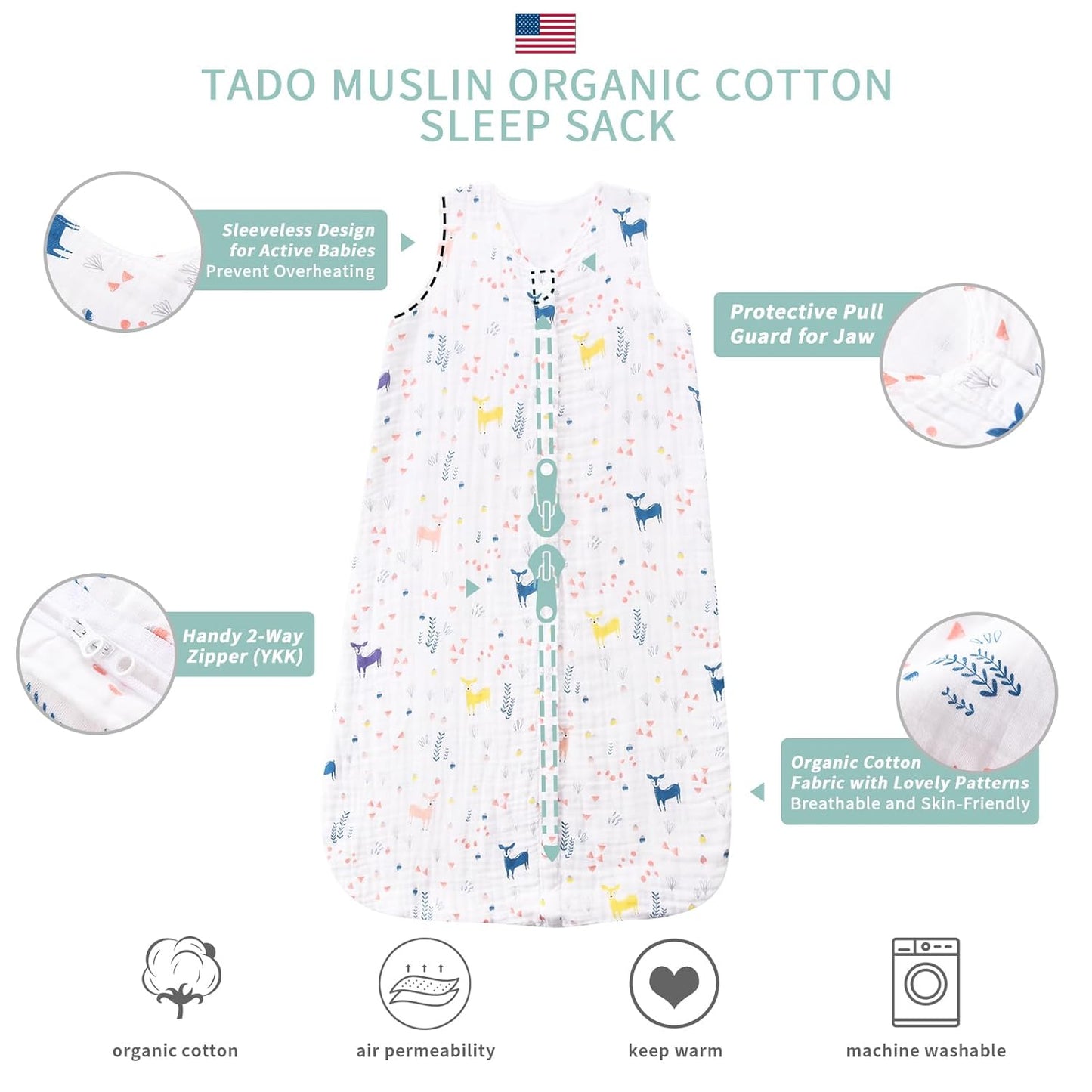 Toddler Sleep Sack for 2-4T Baby, Organic Cotton Wearable Blanket for Boys and Girls 0.5 TOG 2-Way Zipper Soft 4 Layers X-Large Deer