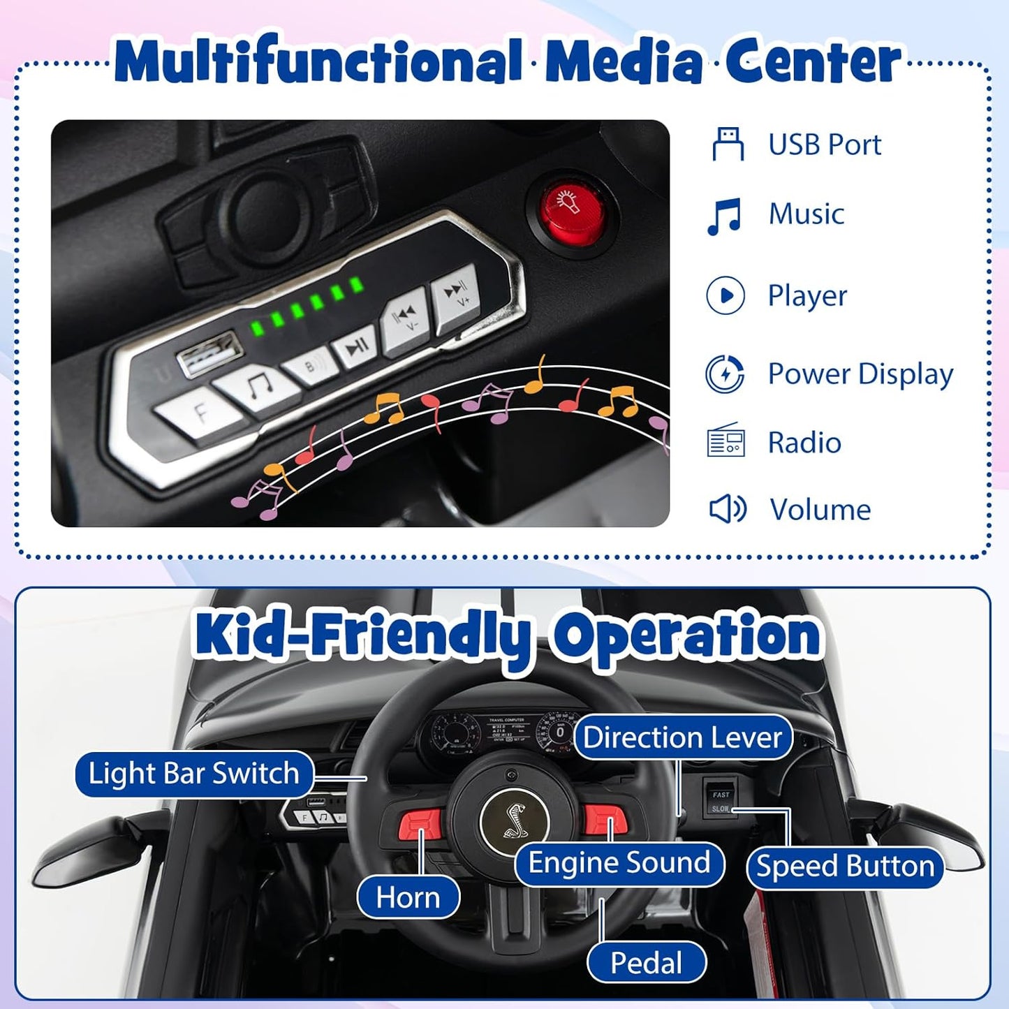 Costzon Ride on Car, 12V Licensed Ford Mustang Shelby GT500 Kids' Electric Vehicles w/Remote Control, USB Port, Radio, Music, Player, High Low Speed & Soft Start, Racing Kids Car for Toddler (Black)