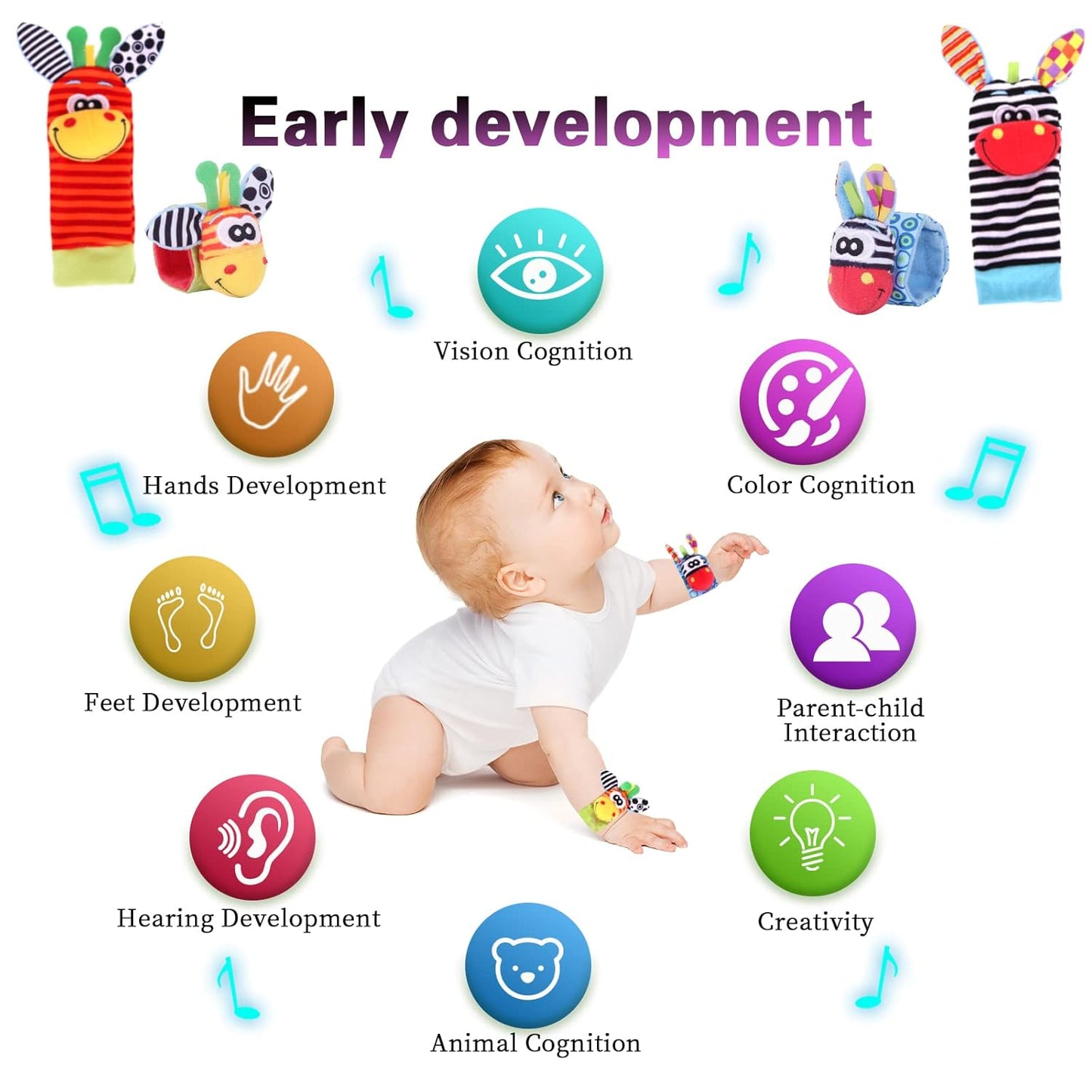 Wrist Rattle Foot Finder Socks Set for Baby Arm Hand Rattle Feet Leg Ankle Socks Newborn Soft Sensory Toys Baby Socks Newborn Rattles Toys Easter Gifts 0-3 6-12 Months Infant Girl Boy