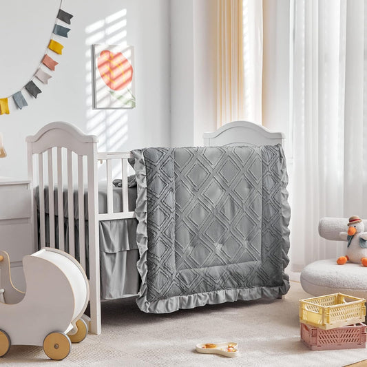 Mini Crib Bedding Set 3 Pieces Baby Boho Quilted Tufted Ruffles Comforter with Fitted Sheet and Ruffled Bed Skirt - Cute Shabby Baby Bedding Fits Mini Crib Only Gray