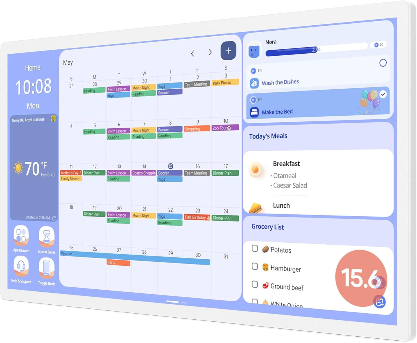 Cozyla Digital Calendar+ 2: 15.6'' Wall Planner Touch Screen Chore Chart Customize Dashboard Smart Electronic Calendar for Family Schedules Meal Planner Support App Store w/Stand Wall Mount White
