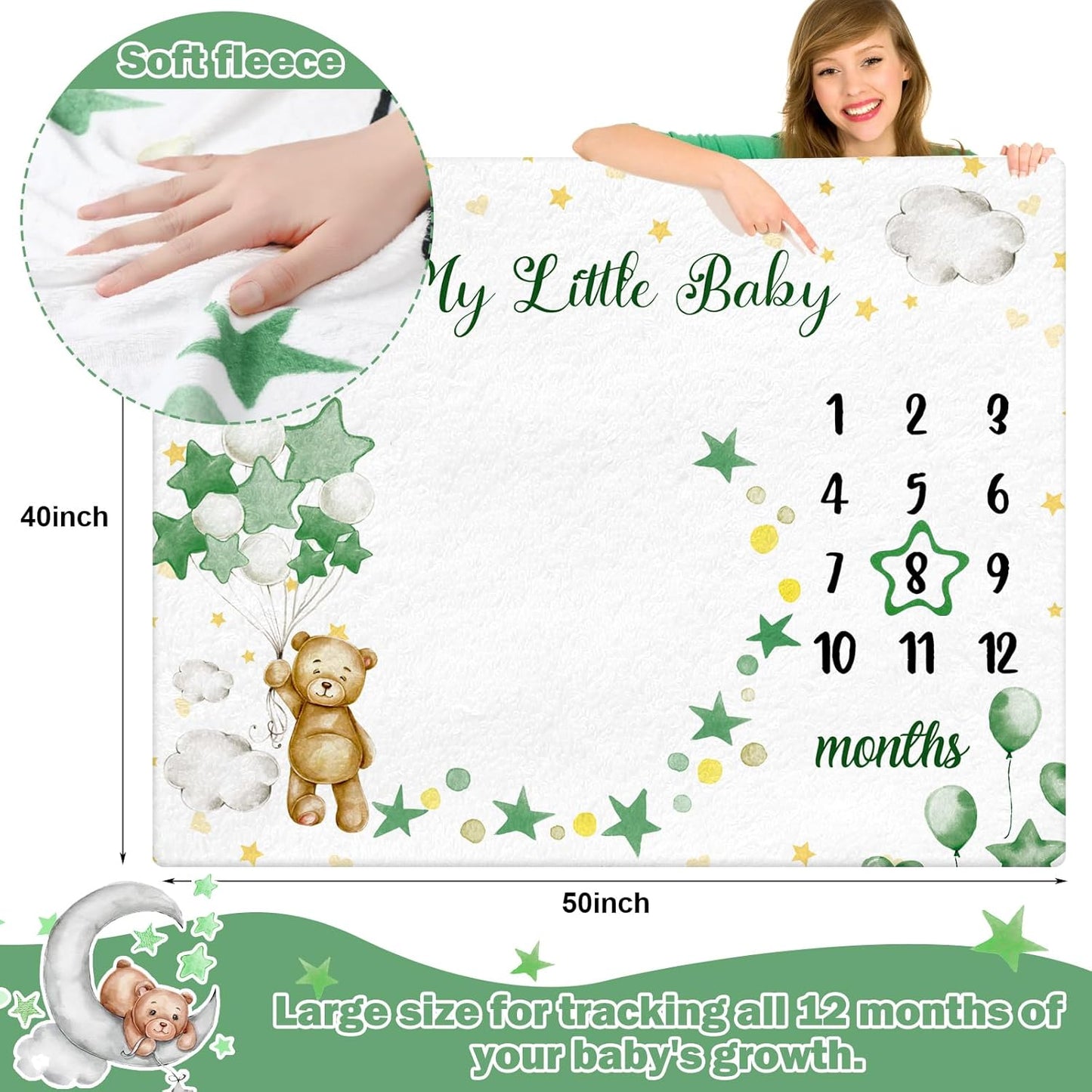 Sleeping Bear Monthly Baby Milestone Blanket Bear Star Balloon Flannel Blanket Boy Newborn Infant Swaddle Growth Chart Baby with Frame for Boys Girls Nursery (Green)
