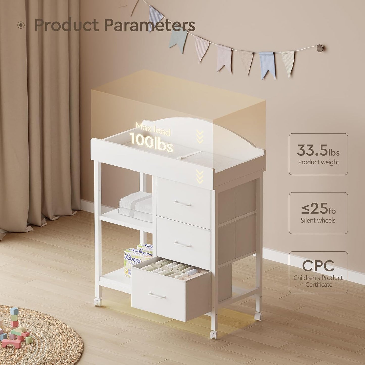 Changing Table Dresser, Baby Dresser with 3 Fabric Drawers and 2 Shelves, Multi-Functional Baby Changing Table with Pad, Classic Nursery Dresser, Diaper Changing Station for Nursery, White