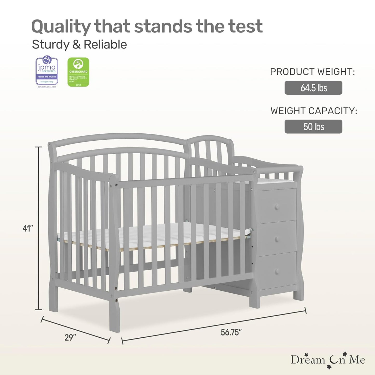 Dream On Me Casco 3-in-1 Mini Convertible Baby Crib & Changer with Storage, Pebble Grey, Pinewood, GreenGuard Gold & JPMA, 1” Mattress Pad, 3 Mattress Heights, Converts to Mini Day & Twin-Size Bed
