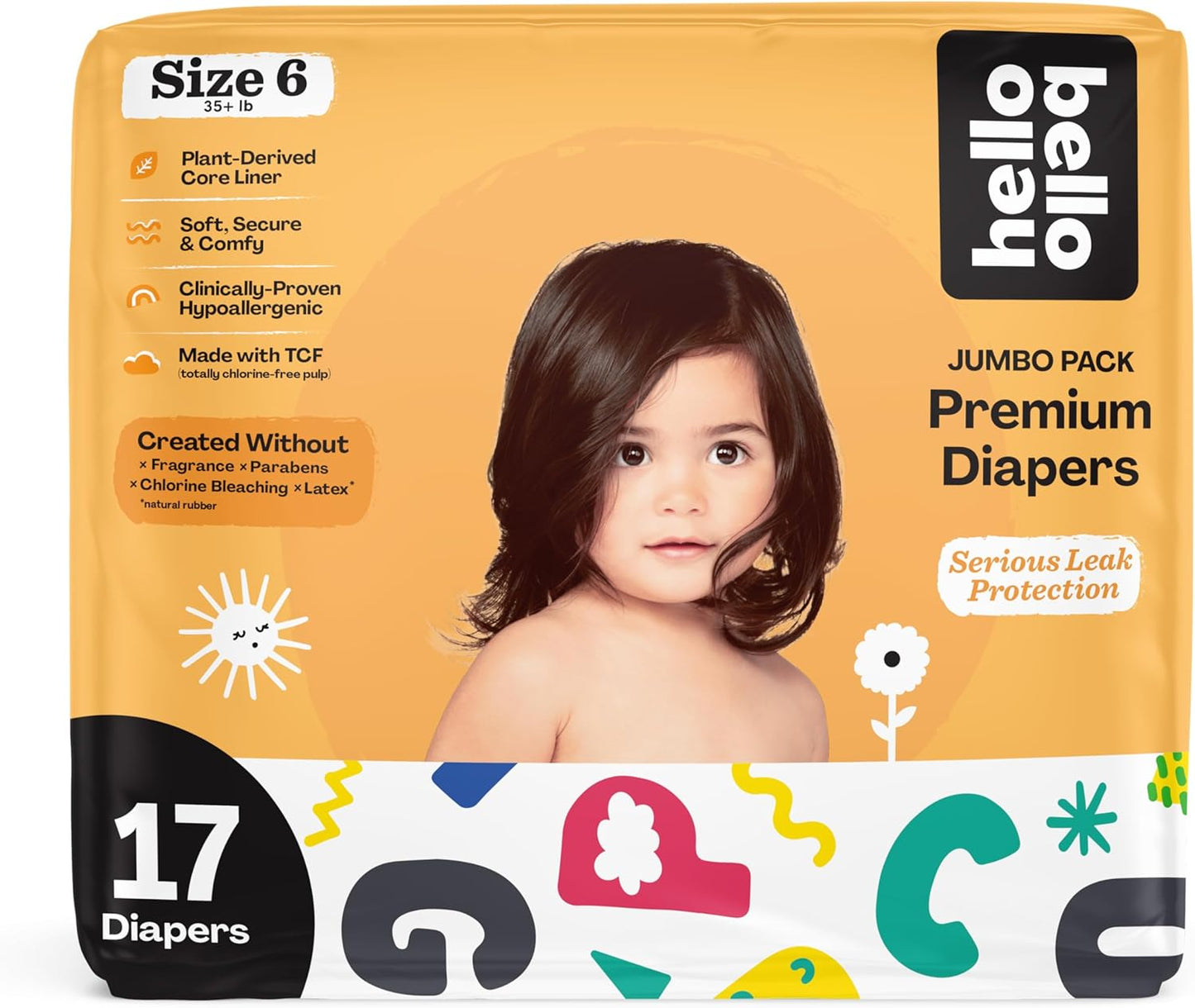 Hello Bello Premium Baby Diapers Size 6, 17 Count of, Extra-Absorbent, and Hypoallergenic Baby Diapers with Snug and Comfort Fit, Alphabet Soup