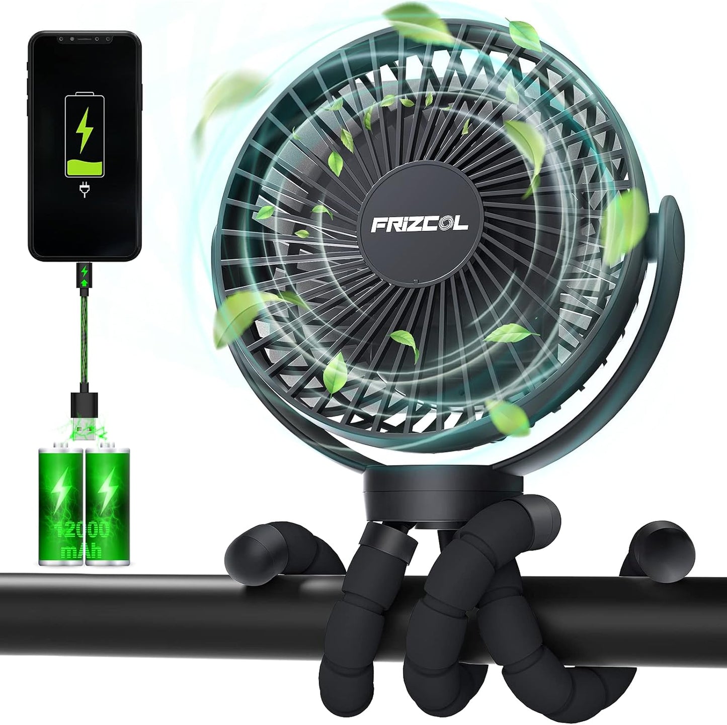 FRIZCOL Portable Stroller Fan, Use As Power Bank, 65H 12000mAh Battery Operated Fan Flexible Tripod Baby Car Seat Fans with Timming, Personal Mini Handheld/Desk/Small Clip On Fans For Stroller