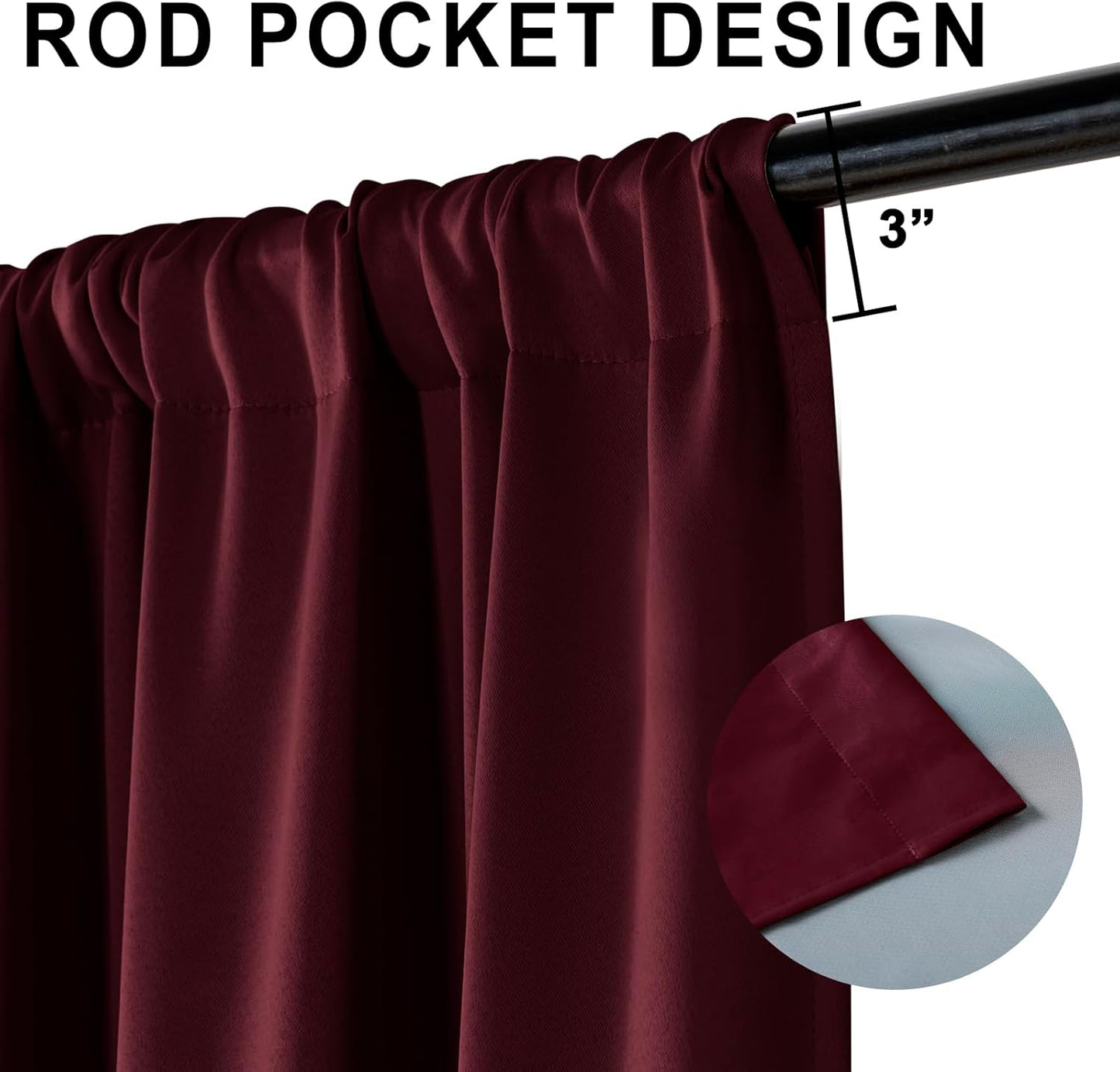 XWZO 100% Blackout Curtain Panels - Rod Pocket Thermal Insulated Black Liner Curtains, Noise Reducing and Heat Blocking Drapes for Hall and Studio Windows with Tiebacks, Burgundy, W42 x L63, Set of 2