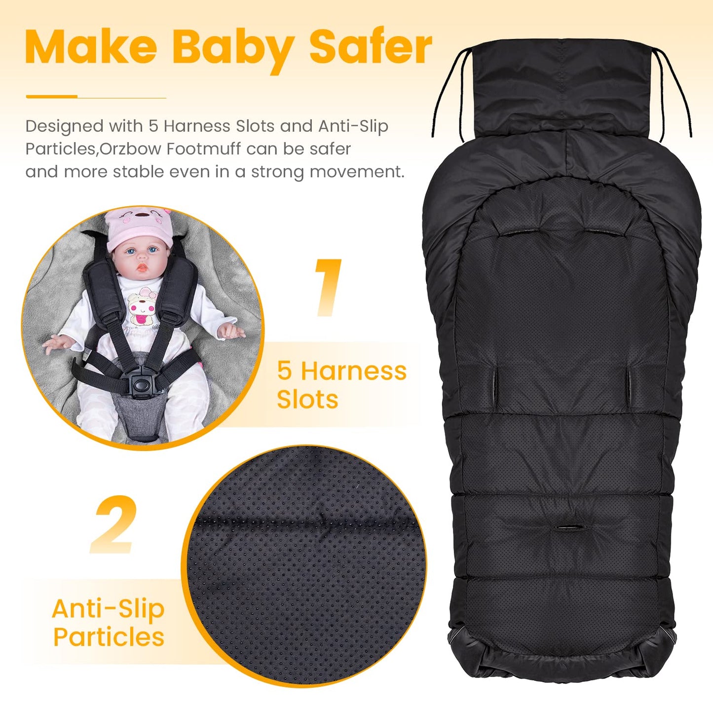 Orzbow Warm Bunting Bag Universal, Stroller Sleeping Bag Cold Weather, Waterproof Toddler Footmuff (Black, Large)