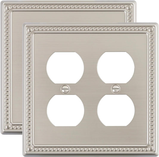 2-Pack Double Duplex Outlet Cover, Brushed Nickel Metal Switch Plates and Outlet Covers, Pearls Decorative Wall Plates for Electrical Outlets, 2 Gang Receptacle Cover, Corrosion Resistant
