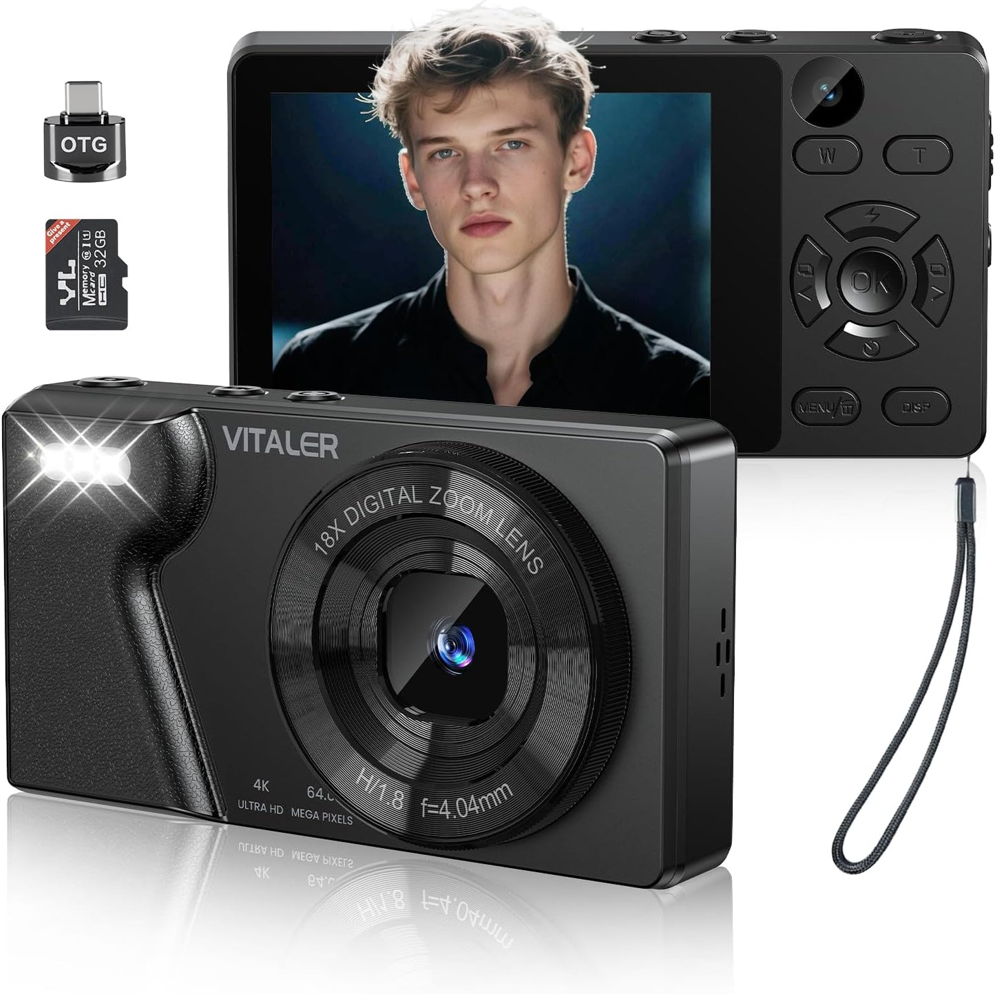 Digital Camera with Front Rear Lens, Autofocus 64MP 4K Camera for Photography with 32GB Card, Portable Compact Point and Shoot Camera for Teens Adult Beginner with Metal Shell, 2000mAh Battery
