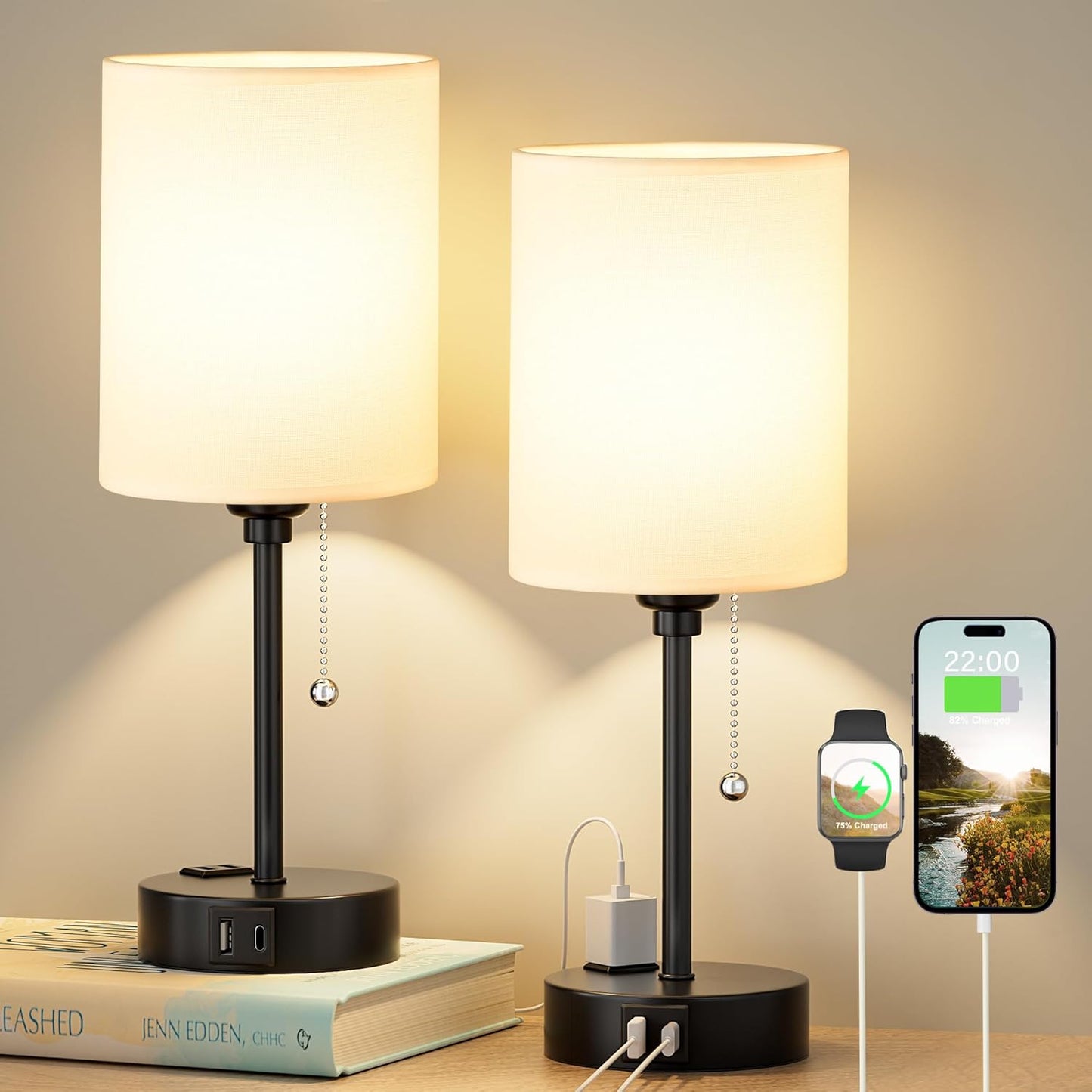 Bedside Table lamp for Bedroom Set of 2-3 Color Temperatures Small Lamps with USB C and A Ports, Pull Chain Table Lamps with AC Outlet, White Nightstand Lamps with Black Metal Base for Kids Reading