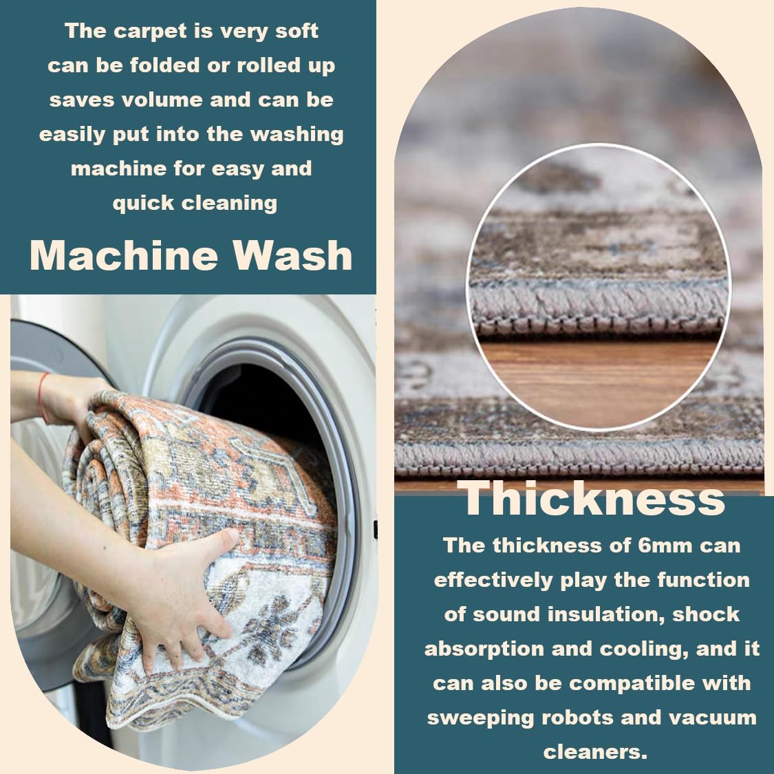 Area Rug 6'x9' Washable Vintage Traditional Floor Cover Thin Retro Kitchen Indoor Distressed Non Slip Carpet for Living Room Bedroom Dining Room