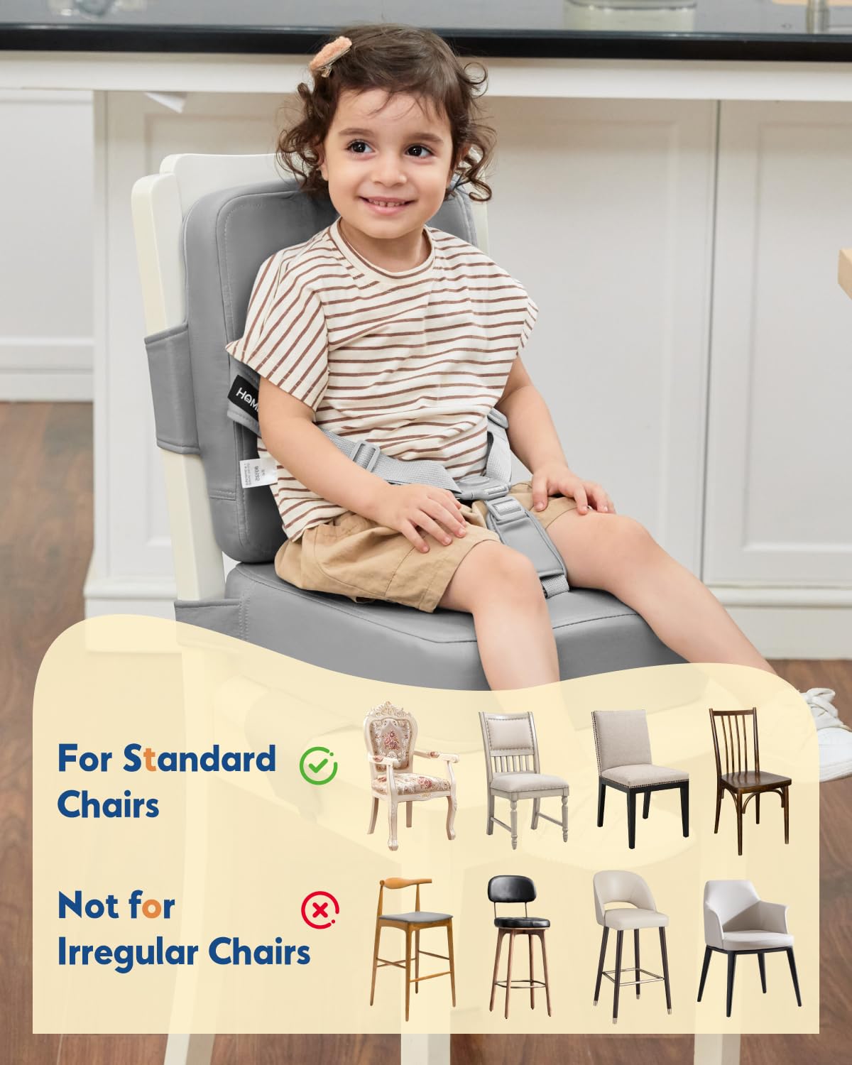 HOMEAL Booster Seat for Kitchen Chair - Compact Toddler Dining Seat with Easy-Install Straps & Wipeable Surface - Breathable Fabric Booster Seat for Table - Light Gray