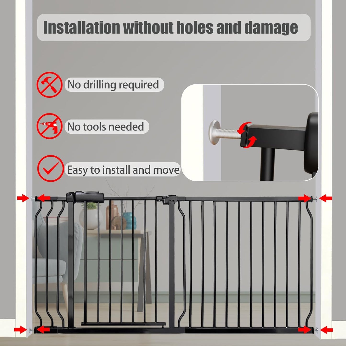 29-34 Inch Baby & Pet Gate - Black Metal, Pressure Mounted, Walk Through Safety Gate for Narrow Stairs & Doorways