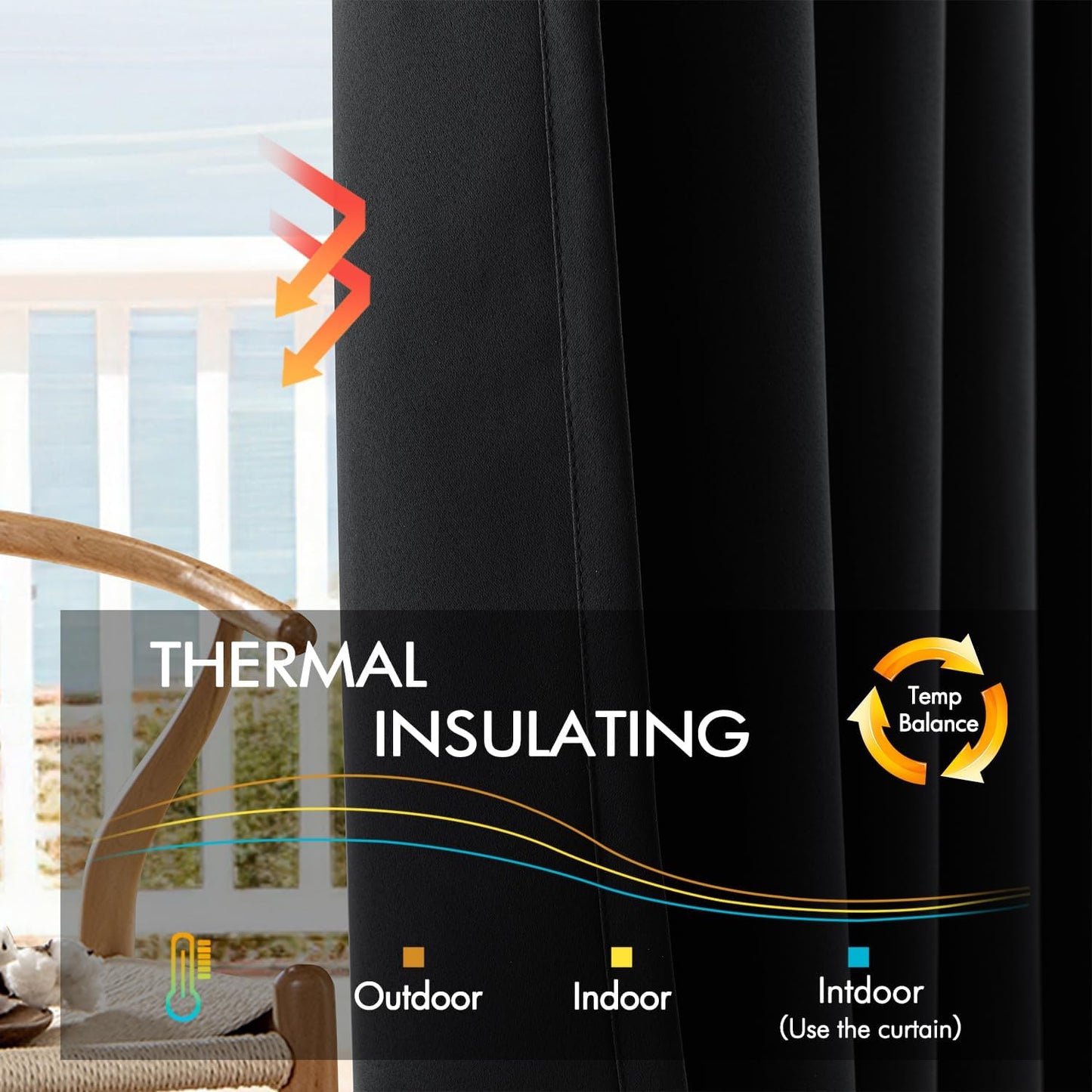 ANRODUO Back Tab Blackout Curtains for Bedroom Living Room, Rod Pocket Pinch Pleated Thermal Insulated Room Darkening Curtains 90 Inches Long 2 Panels, Black, 52 x 90 Inch