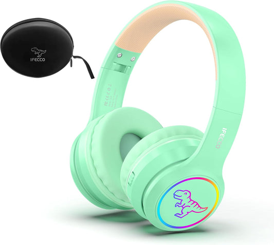 IFECCO Kids Wireless Headphones with Microphone,Cute Light Up Dinosaur Children Boys Girls Bluetooth Headphones with Case for School Travel Gifts