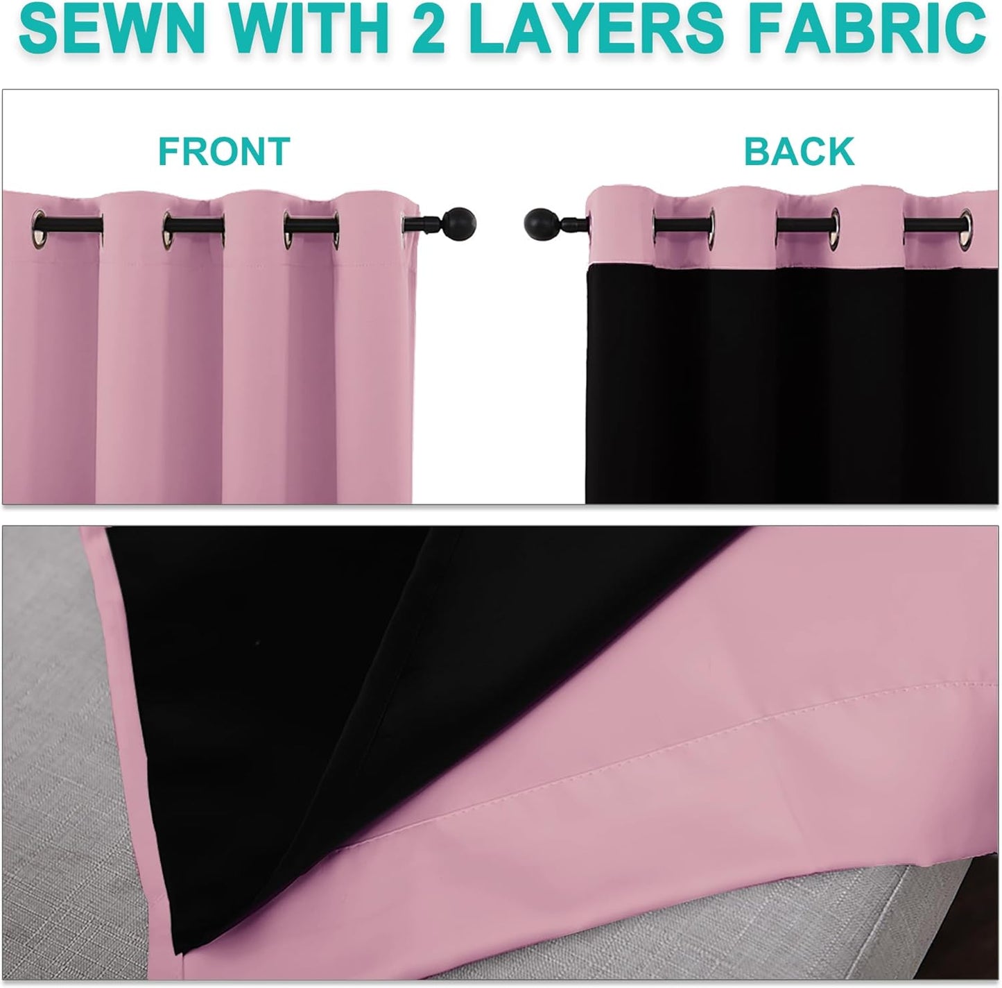 NICETOWN Total Shade Curtains and Draperies, Heavy-Duty Full Light Shading Drapes with Black Liner Backing for Villa/Hall/Dorm Window（Crystal Pink, Package of 2 Panels, 62 inches Wide x 95 inches Long