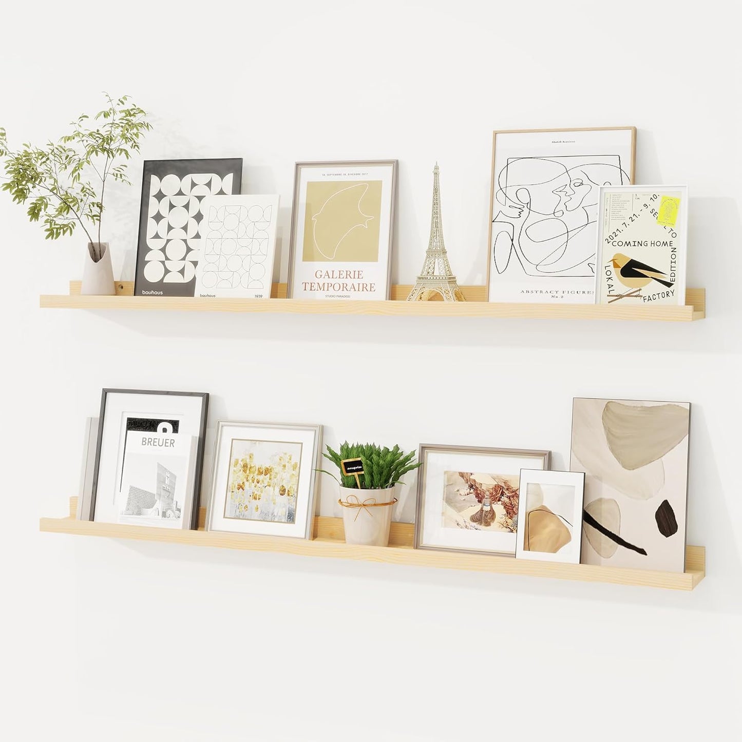 Picture Ledge Shelf, Solid Pine Wood Floating Shelves Set of 2, 40 Inches Nursery Book Shelves for Toys Storage, Kids Bookshelf Wall Mounted for Living Room Decor Photo Frames, Unfinished Natural