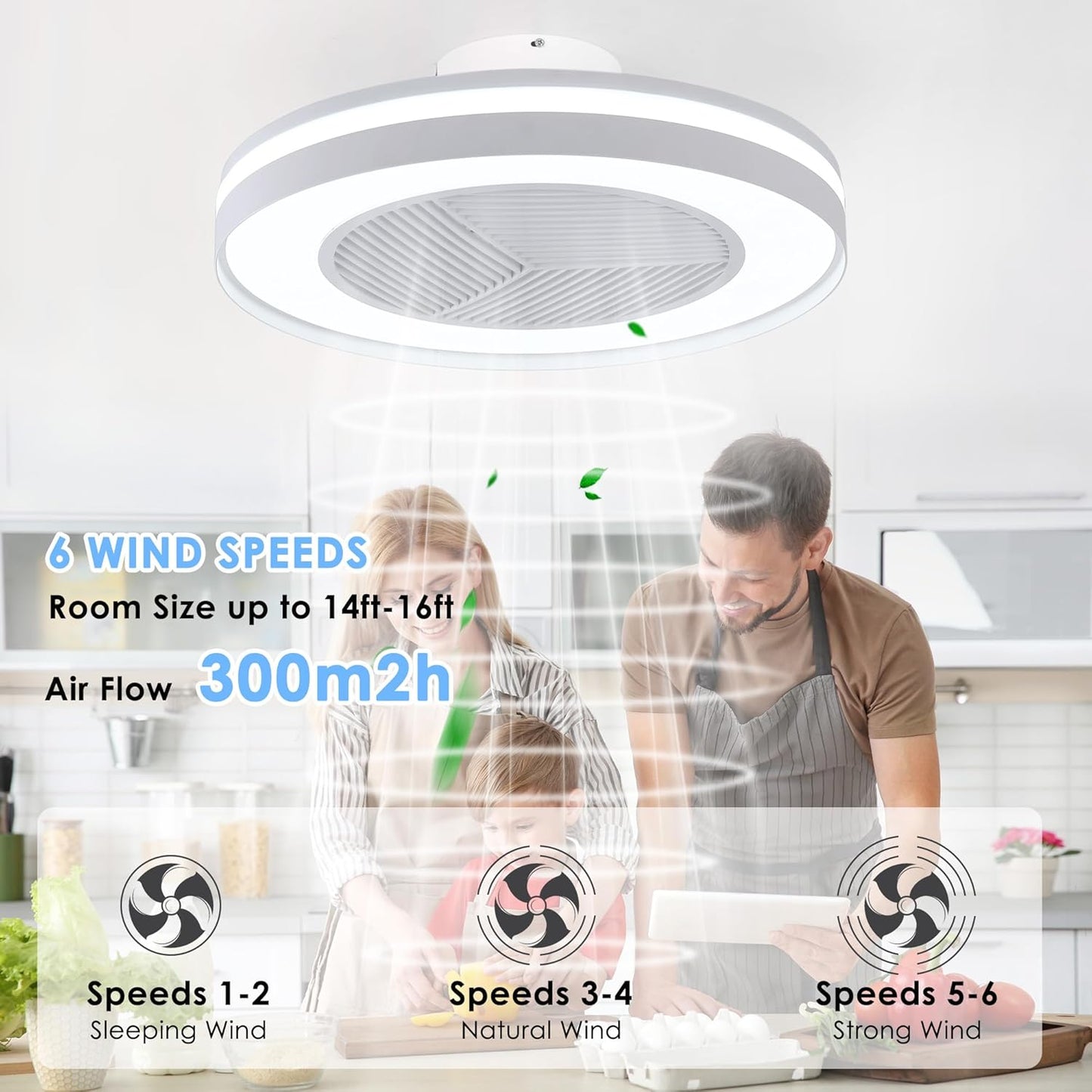 Smart Low Profle Ceiling Fans with 3-Dimmable Light Remote/APP Control, 20" Bladeless Ceiling Fans with 6 Speeds, Timer, Quiet DC Motor, Ceiling Fan with Light for Kids Bedroom/Living Room