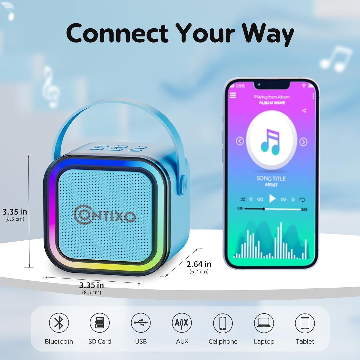 Contixo KS1A Kids Mini Karaoke Machine with LED Lights, 7–10H Playback, Dual Wireless Mics, Magic Voice Effects, Bluetooth Speaker for Children, Portable Singing Toy Gift for Boys & Girls, Blue
