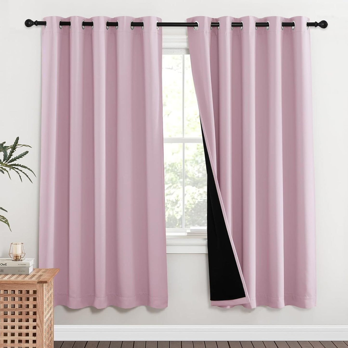NICETOWN 100% Blackout Window Curtain Panels, Lavender Pink, 2 Pieces, 62-inch Wide Per Panel, Full Light Blocking Drapes with Black Liner for Nursery, 72-inch Drop Thermal Insulated Draperies