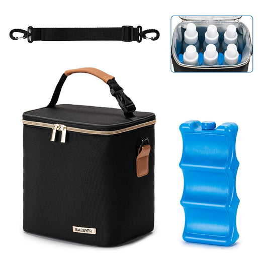 Breastmilk Cooler Bag with Ice Pack Fits 6 Baby Bottles Up to 9 Ounce, Baby Bottle Bag with Shoulder Strap for Nursing Mom Daycare, Black