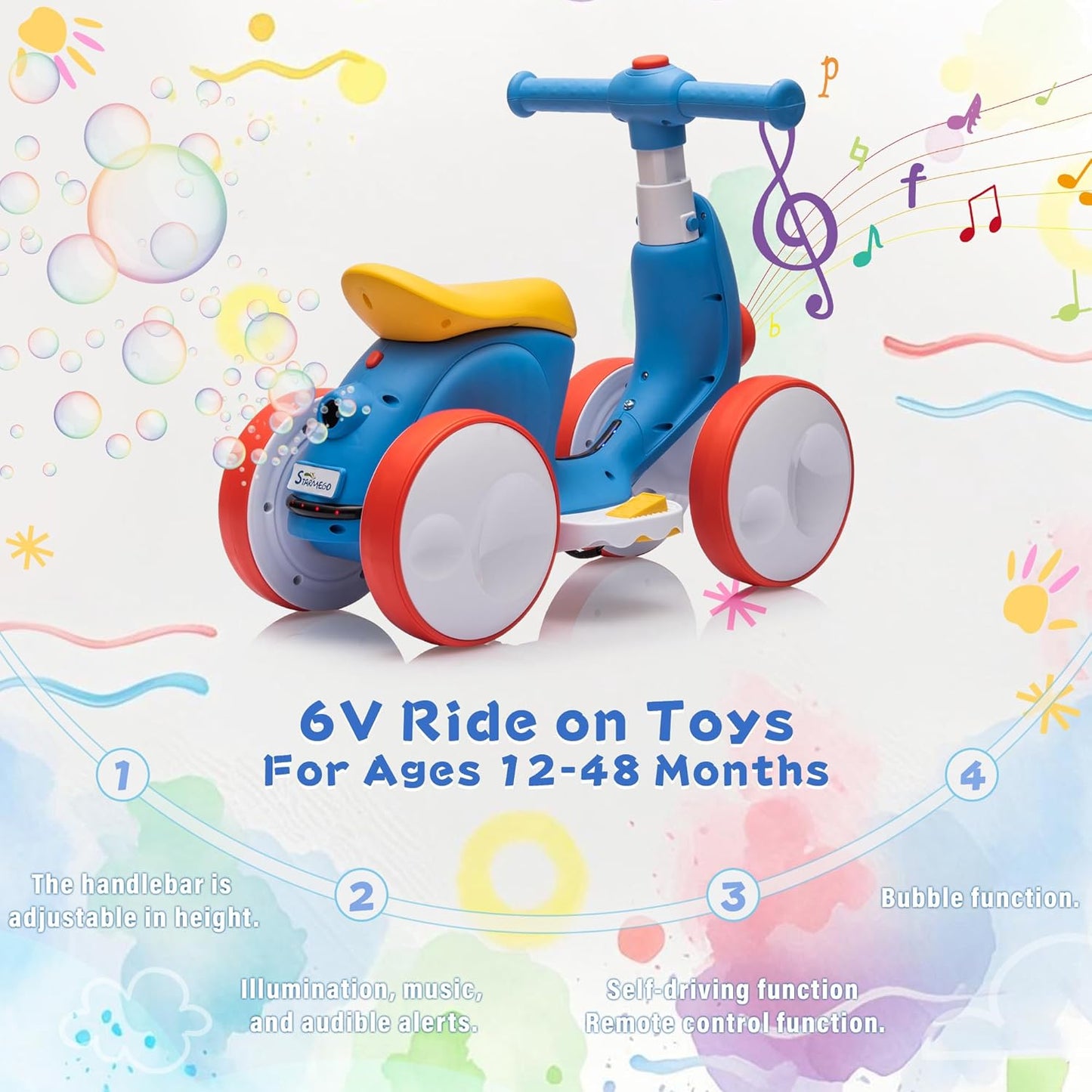 6V Electric Baby Balance Bike for 1 Year Old Boys Girls Ride on Toys 12-48 Months Toddler Balance Bike, 4 Wheels Kids First Bike with Remote Control First Birthday Gifts- Blue&Red