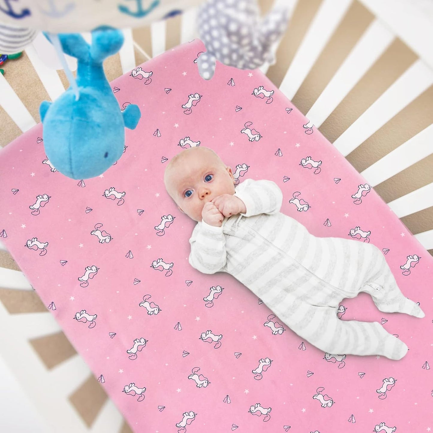 Mini Crib Sheets Set for Girls, 4 Pack, Mini Portable Crib Sheets for Girs (38" X 24") | Multiuse for Pack n Play, Playard, Playpen, Mini Crib, Pink Print