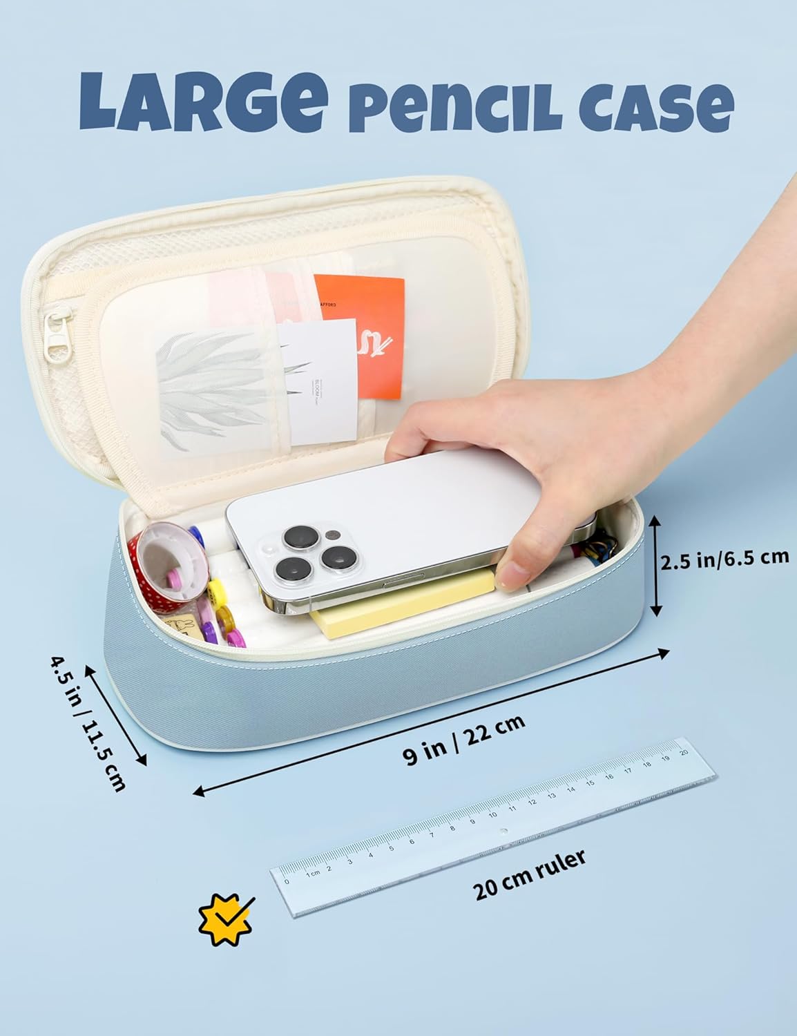 SUNEE Large Pencil Case, Cute Pen Pouch, Aesthetic Zipper Stationery Bag Large Capacity Kawaii Pen Organizer, Blue, Bag Organiser