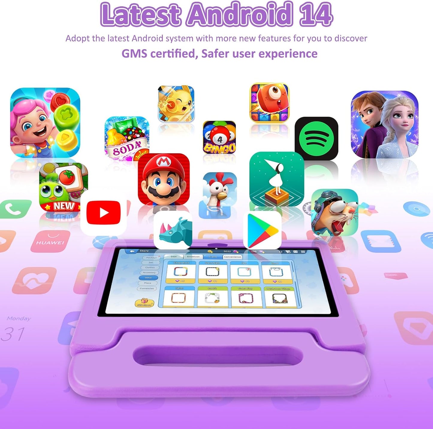 Tablet for Kids, 10.1 inch IPS HD Touchscreen Android 14 64 GB Storage, 8GB RAM, Octa Core Kids Tablet, Parental Controls, 12-hr Battery, WiFi, GPS - Purple