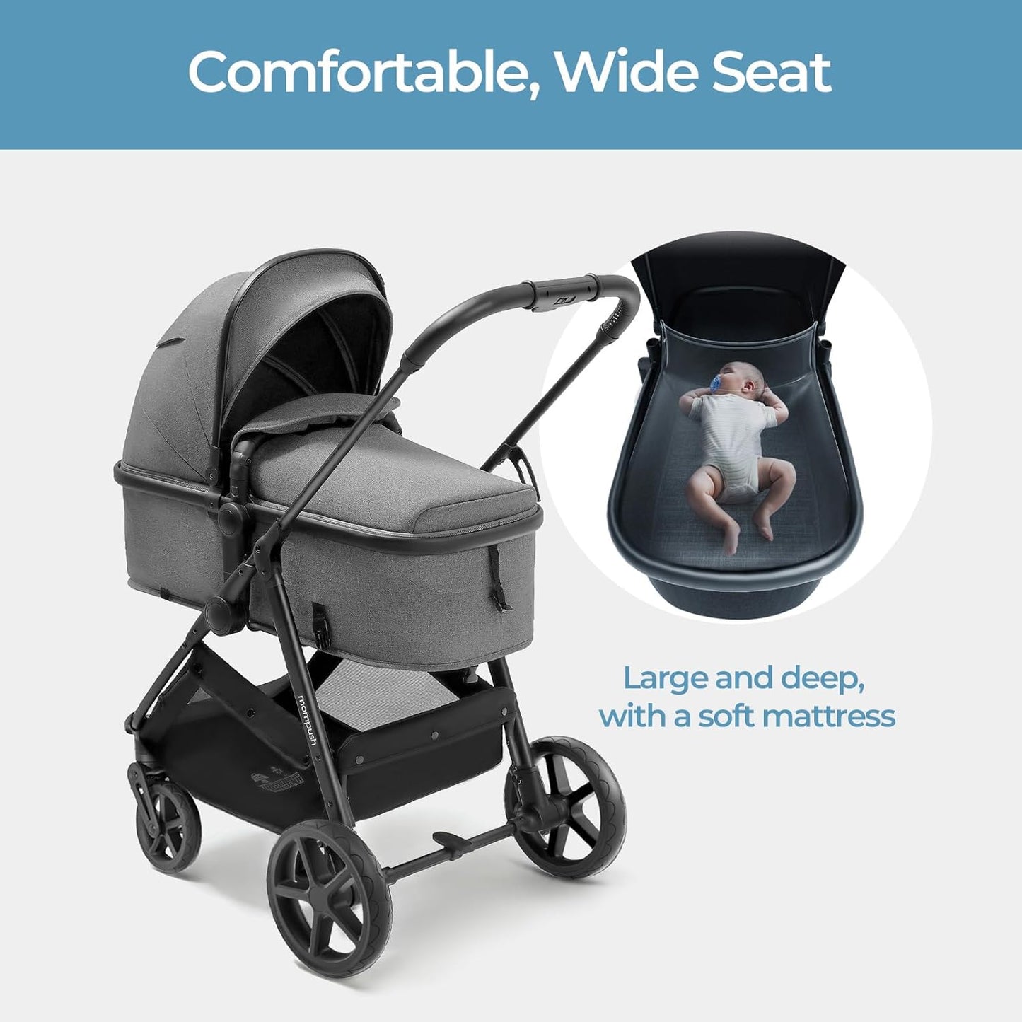 Mompush Wiz 2 in 1 Baby Stroller with Bassinet Mode, Convertible Infant Stroller for Newborn and Toddler with Reversible Seat and Large UPF 50+ Canopy