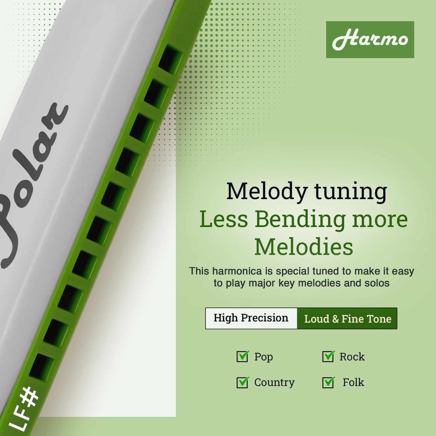 Polar Diatonic Melody Tuned Harmo Harmonica Key of LF# - Special Tuning for Easy Melodies in Cross Harp, 2 Octaves Without Bends, Loud & Responsive with Smooth Edges - USA-Checked