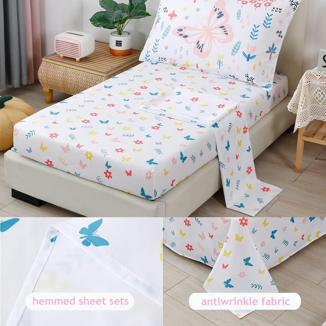 PERFEMET 5 Pieces Girls Bed in A Bag Full Size Reversible Pink Flowers Butterfly Comforter Set with Sheet Soft Lightweight Botanical Floral Bedding Set for Kids Teen(White, Full)