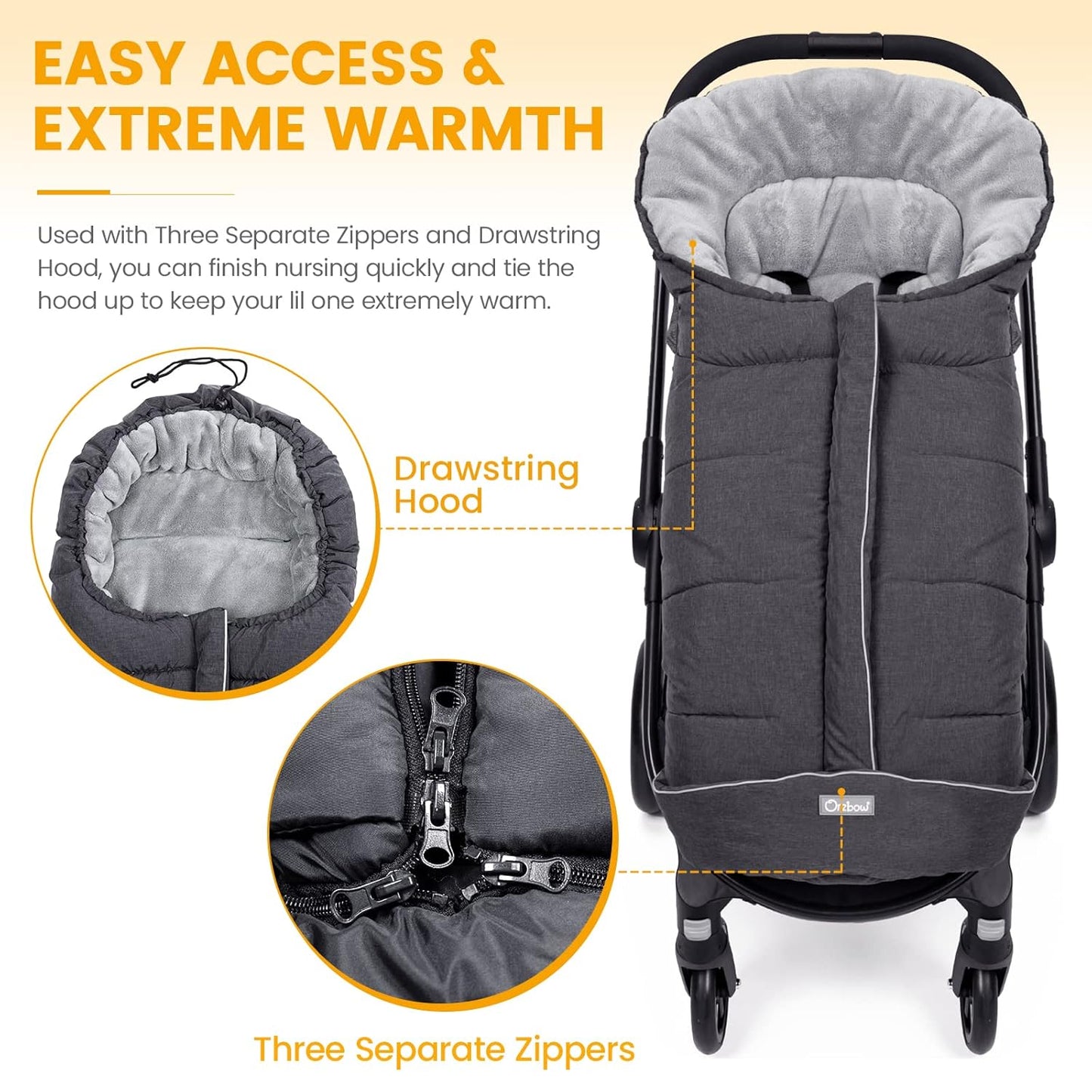 Orzbow Universal Stroller Footmuff, Winter Warm Baby Bunting Bag for Stroller - Cold Weather Zipper Strollers Sleeping Bag, Water-Repellent, Winter Essentials Must Have for Toddler Kids, Dark Grey